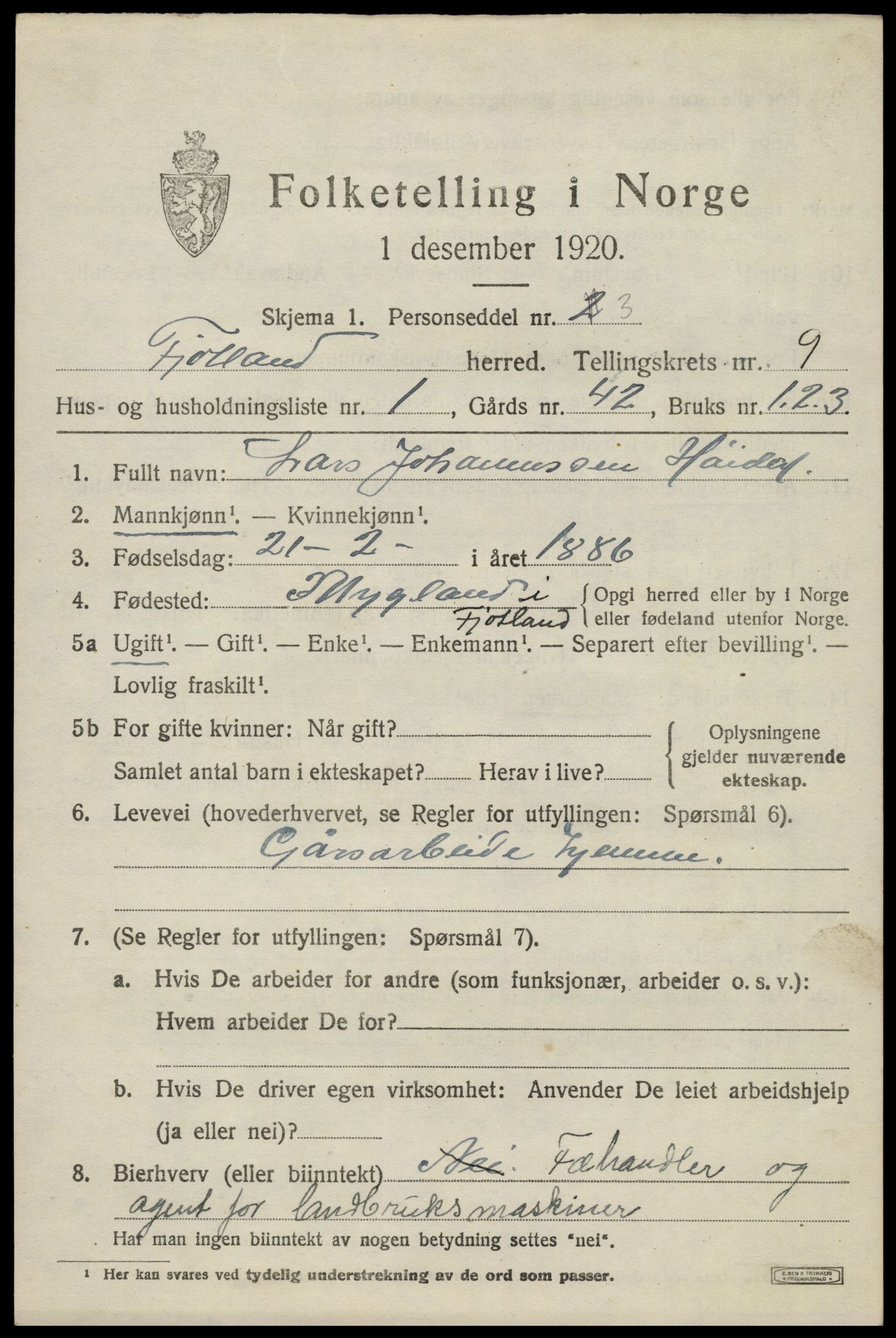 SAK, 1920 census for Fjotland, 1920, p. 2224