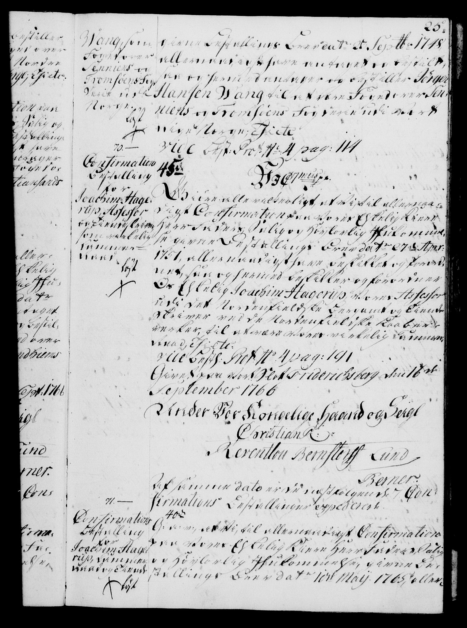 Rentekammeret, Kammerkanselliet, AV/RA-EA-3111/G/Gg/Ggg/L0003: Norsk konfirmasjonsbestallingsprotokoll med register (merket RK 53.33), 1766-1772, p. 25