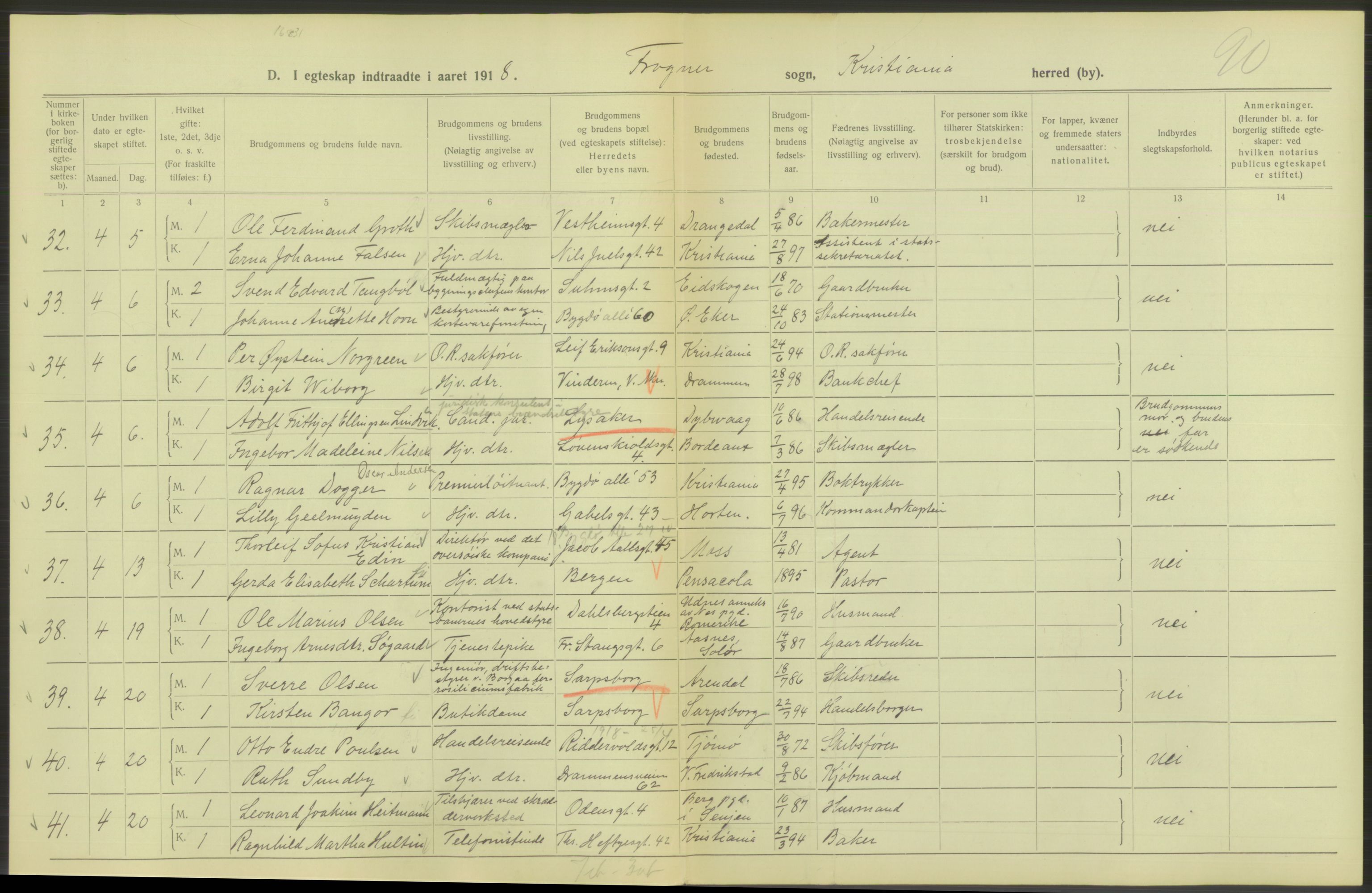 Statistisk sentralbyrå, Sosiodemografiske emner, Befolkning, AV/RA-S-2228/D/Df/Dfb/Dfbh/L0009: Kristiania: Gifte, 1918, p. 134