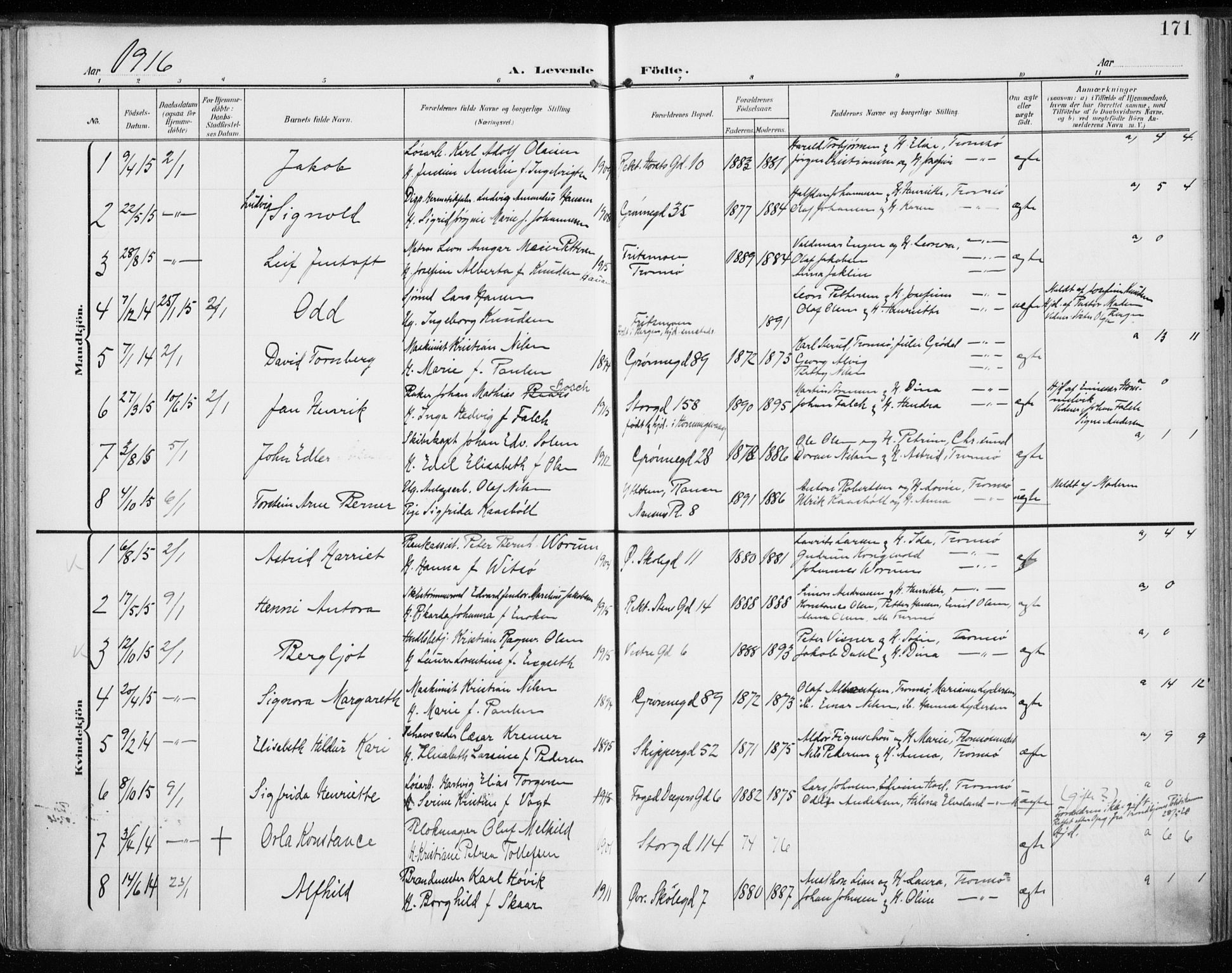 Tromsø sokneprestkontor/stiftsprosti/domprosti, SATØ/S-1343/G/Ga/L0017kirke: Parish register (official) no. 17, 1907-1917, p. 171