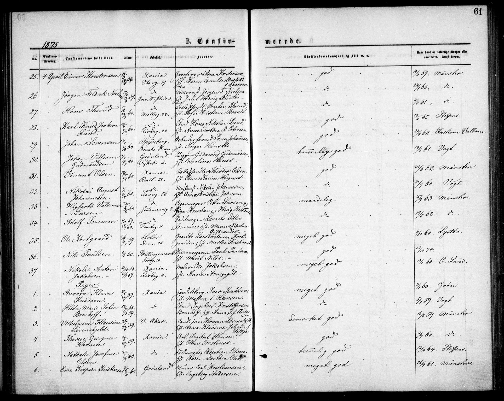 Oslo domkirke Kirkebøker, SAO/A-10752/F/Fa/L0018: Parish register (official) no. 18, 1872-1886, p. 61
