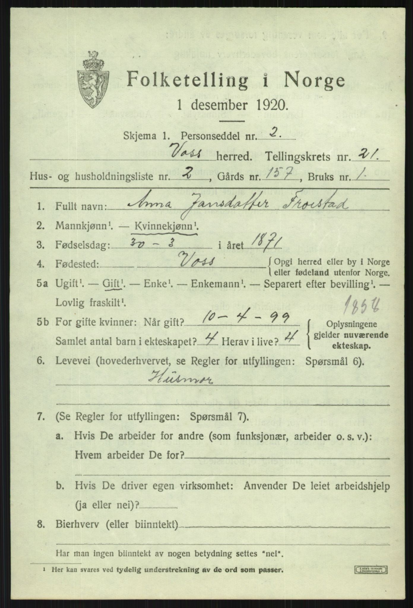 SAB, 1920 census for Voss, 1920, p. 14905