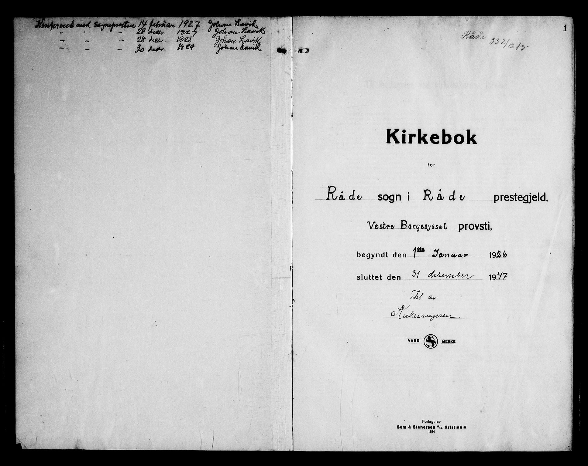 Råde prestekontor kirkebøker, AV/SAO-A-2009/G/Ga/L0002: Parish register (copy) no. I 2, 1926-1947, p. 1