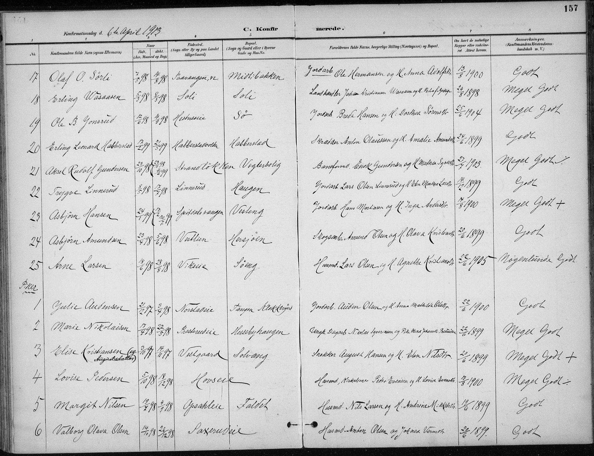 Stange prestekontor, AV/SAH-PREST-002/K/L0023: Parish register (official) no. 23, 1897-1920, p. 157