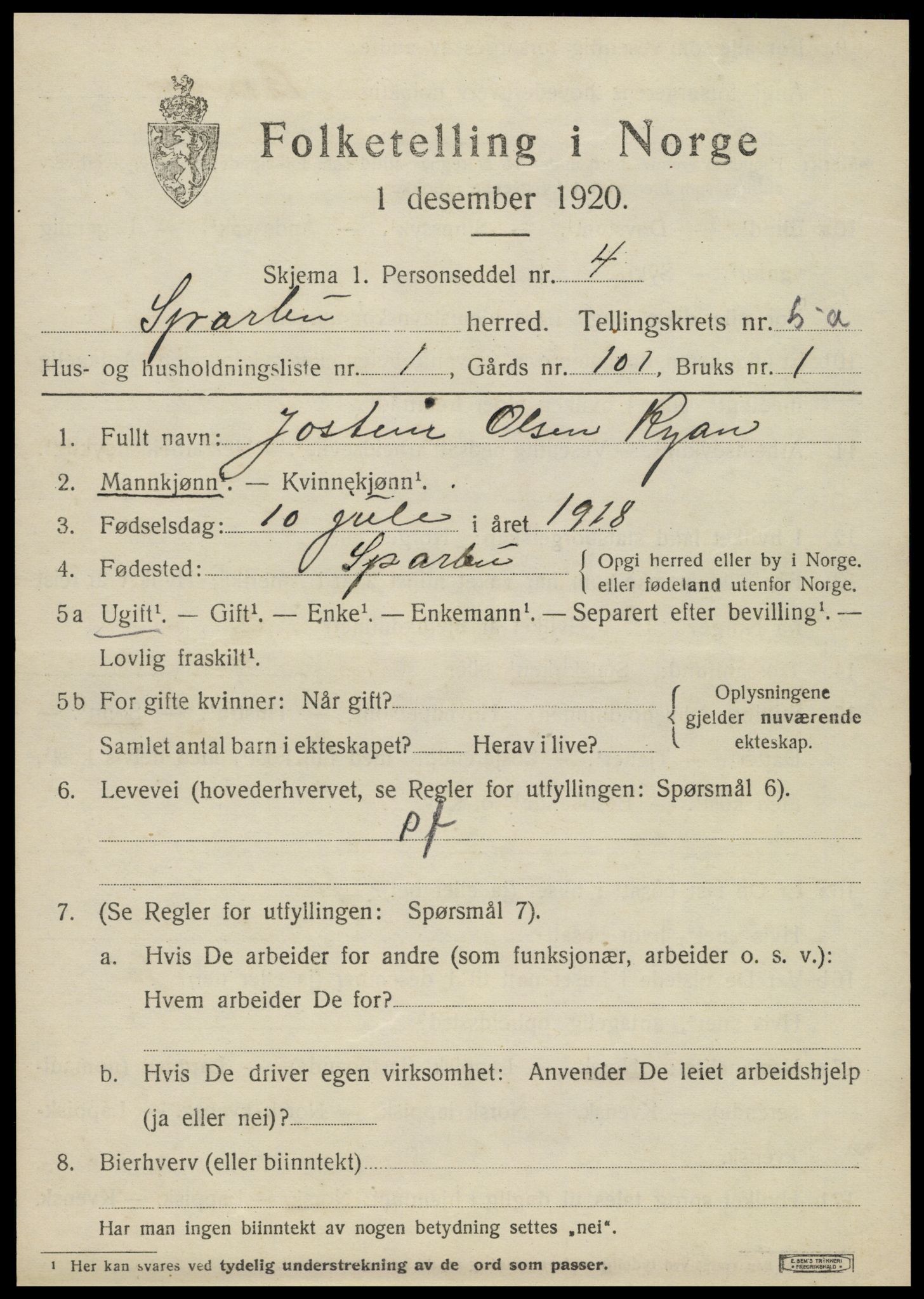 SAT, 1920 census for Sparbu, 1920, p. 6195