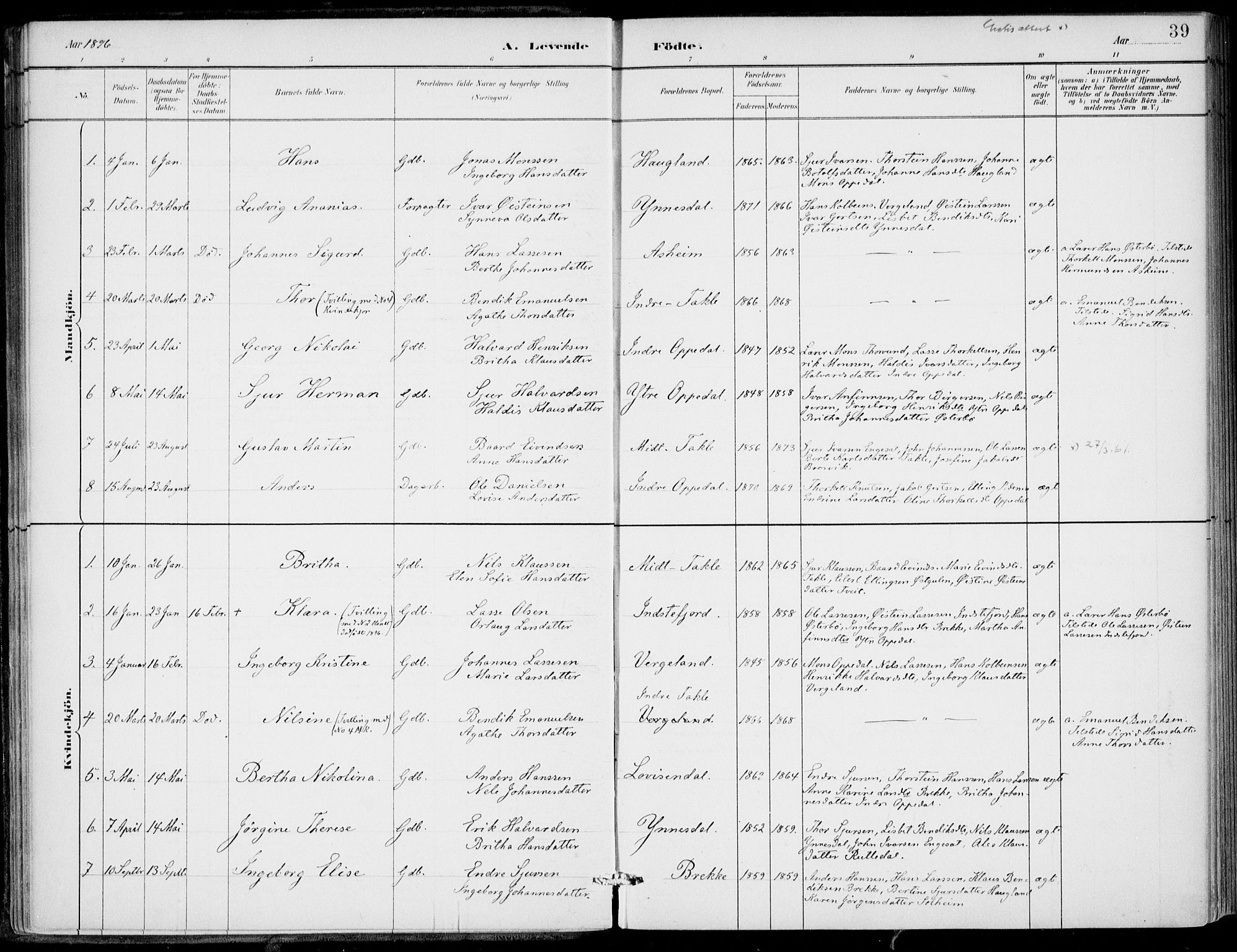 Gulen sokneprestembete, SAB/A-80201/H/Haa/Haac/L0002: Parish register (official) no. C  2, 1882-1914, p. 39