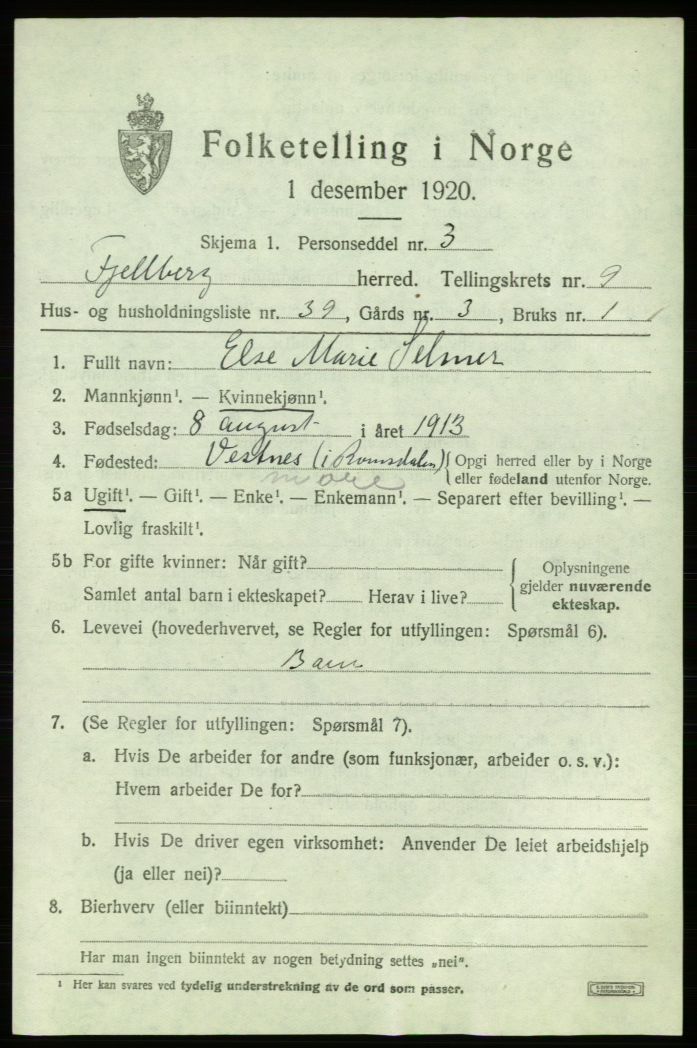 SAB, 1920 census for Fjelberg, 1920, p. 4415