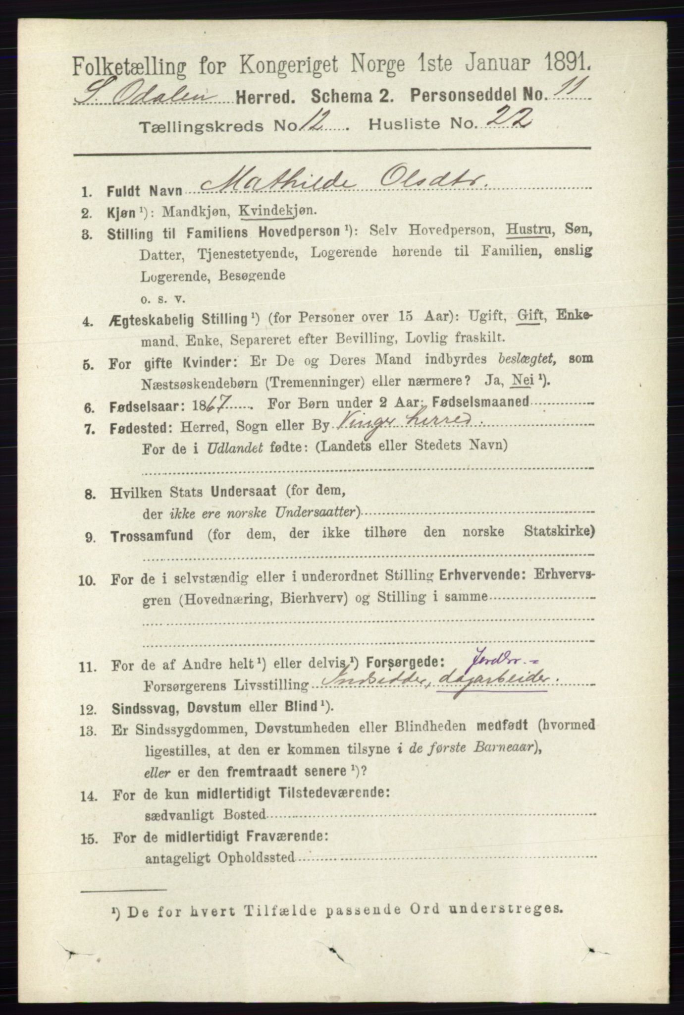 RA, 1891 census for 0419 Sør-Odal, 1891, p. 5495