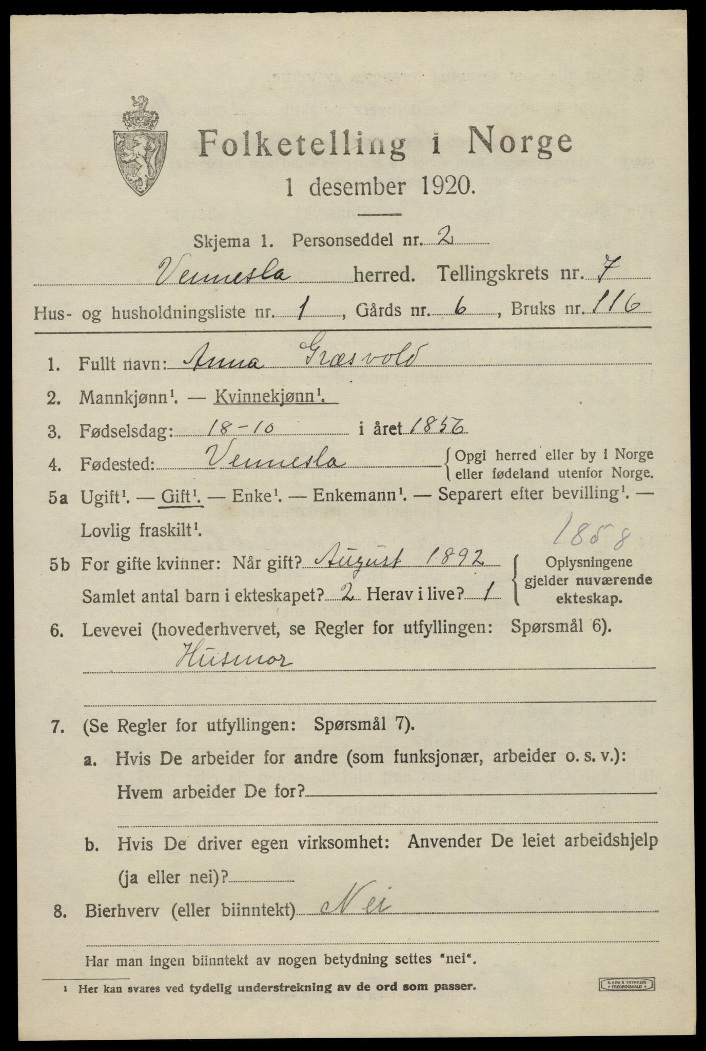 SAK, 1920 census for Vennesla, 1920, p. 4726