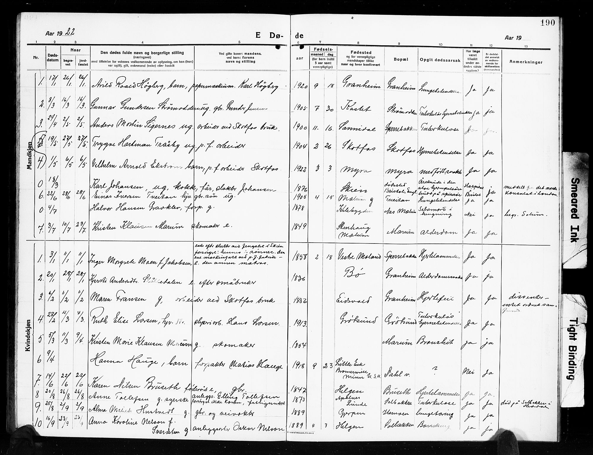 Solum kirkebøker, SAKO/A-306/G/Gb/L0006: Parish register (copy) no. II 6, 1915-1927, p. 190