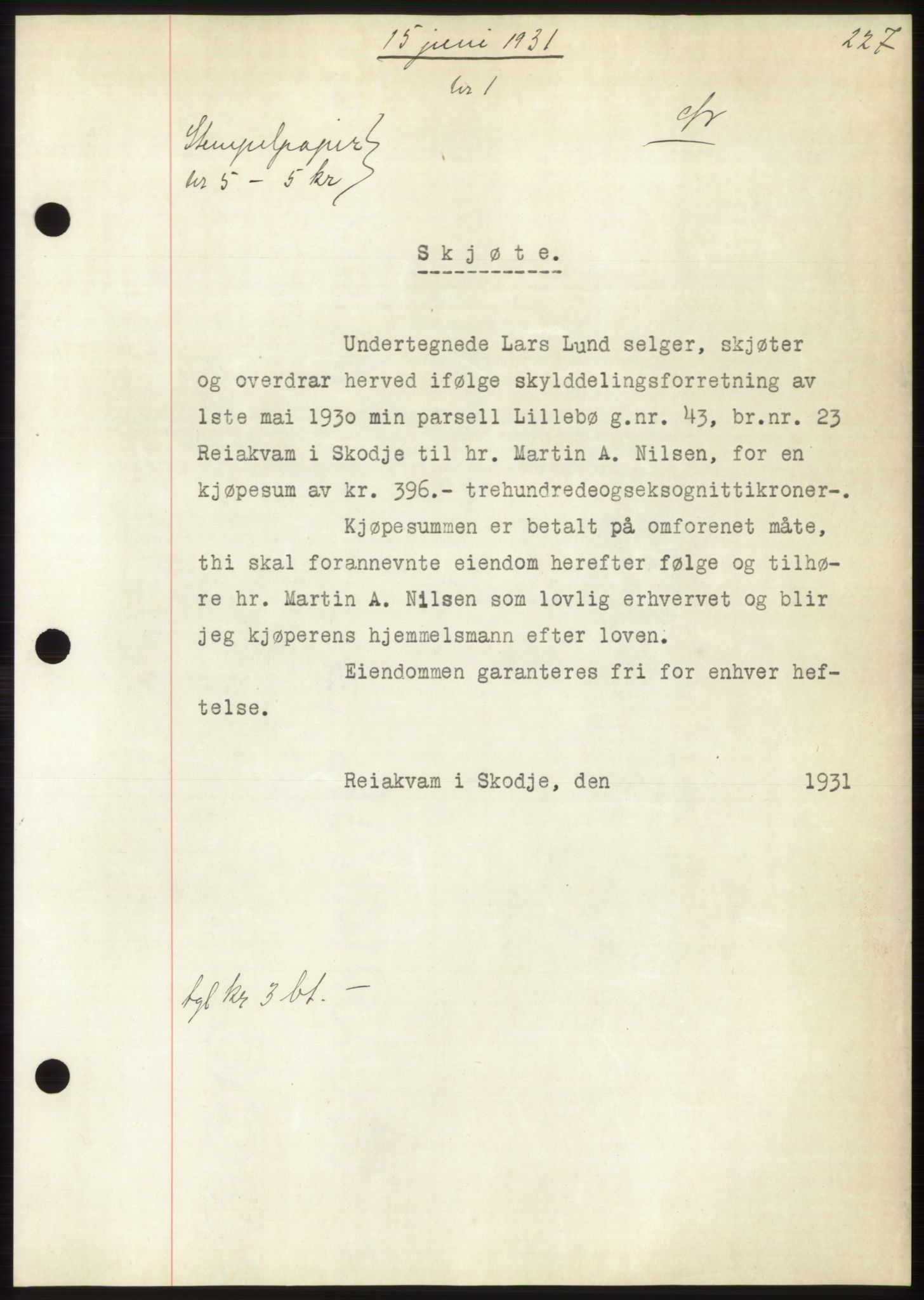 Nordre Sunnmøre sorenskriveri, AV/SAT-A-0006/1/2/2C/2Ca/L0048: Mortgage book no. 48, 1931-1931, Deed date: 15.06.1931