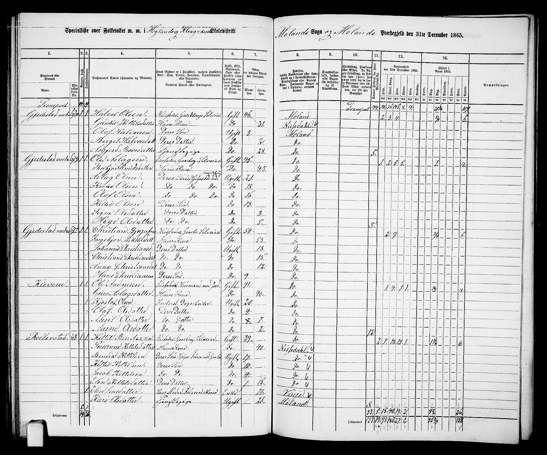 RA, 1865 census for Moland, 1865, p. 63