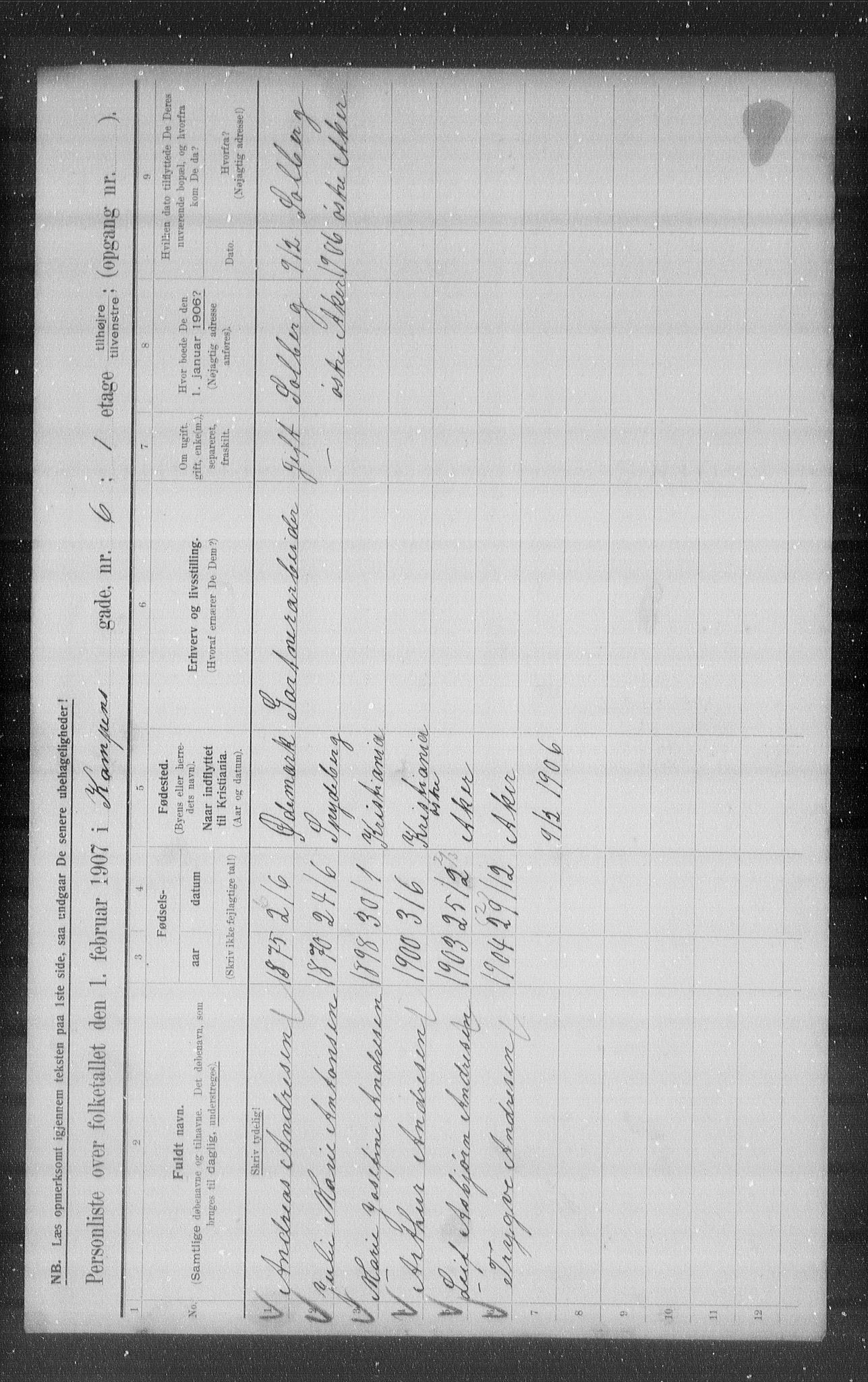 OBA, Municipal Census 1907 for Kristiania, 1907, p. 24345