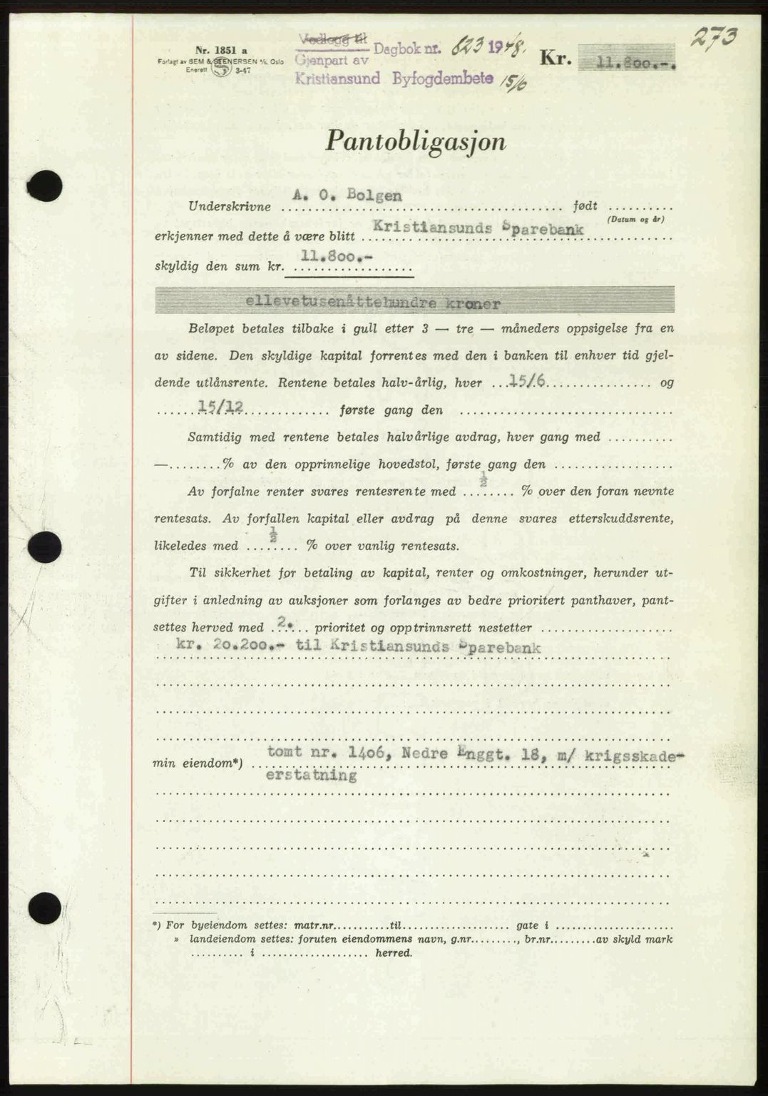 Kristiansund byfogd, AV/SAT-A-4587/A/27: Mortgage book no. 44, 1947-1948, Diary no: : 823/1948