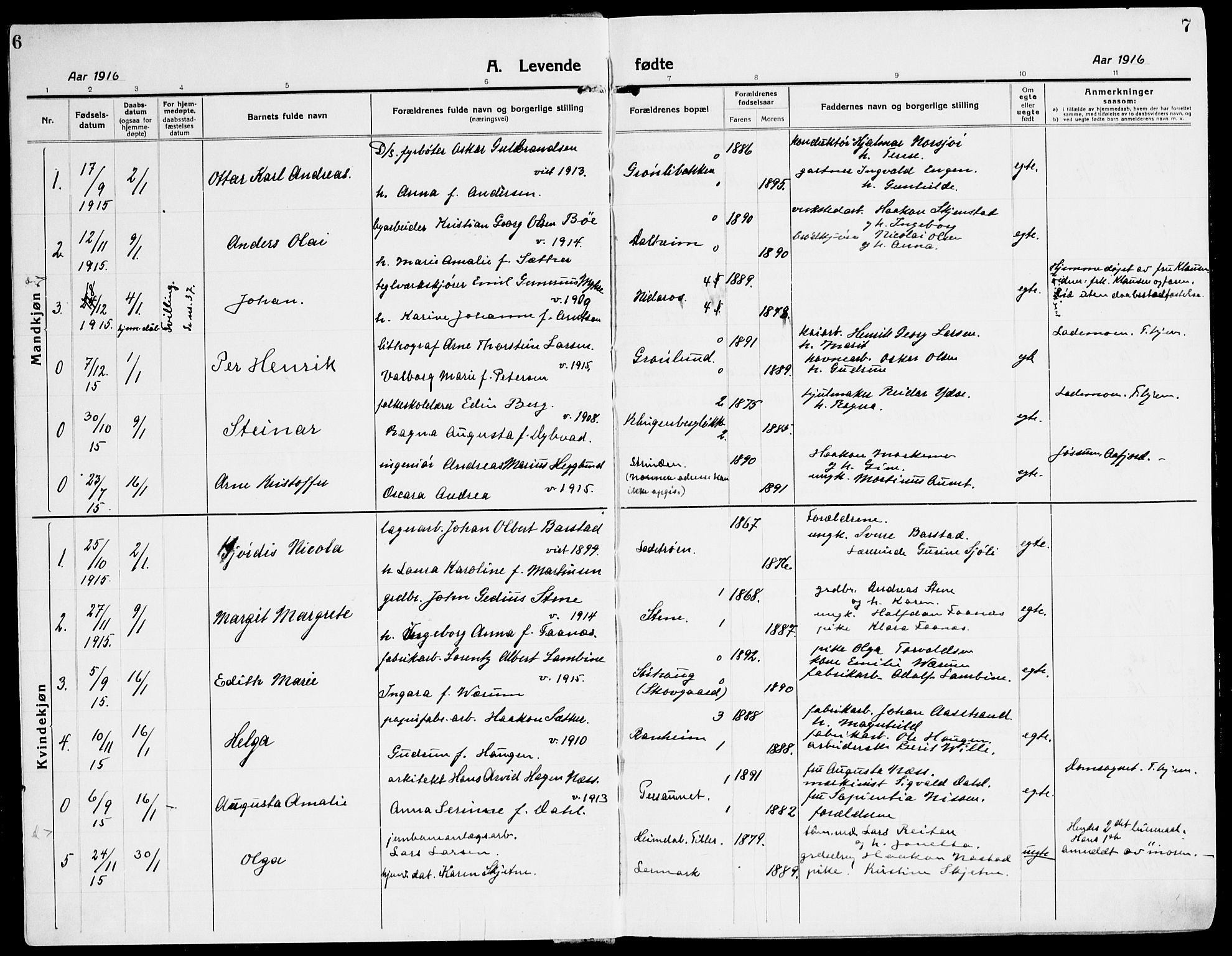 Ministerialprotokoller, klokkerbøker og fødselsregistre - Sør-Trøndelag, SAT/A-1456/607/L0321: Parish register (official) no. 607A05, 1916-1935, p. 6-7