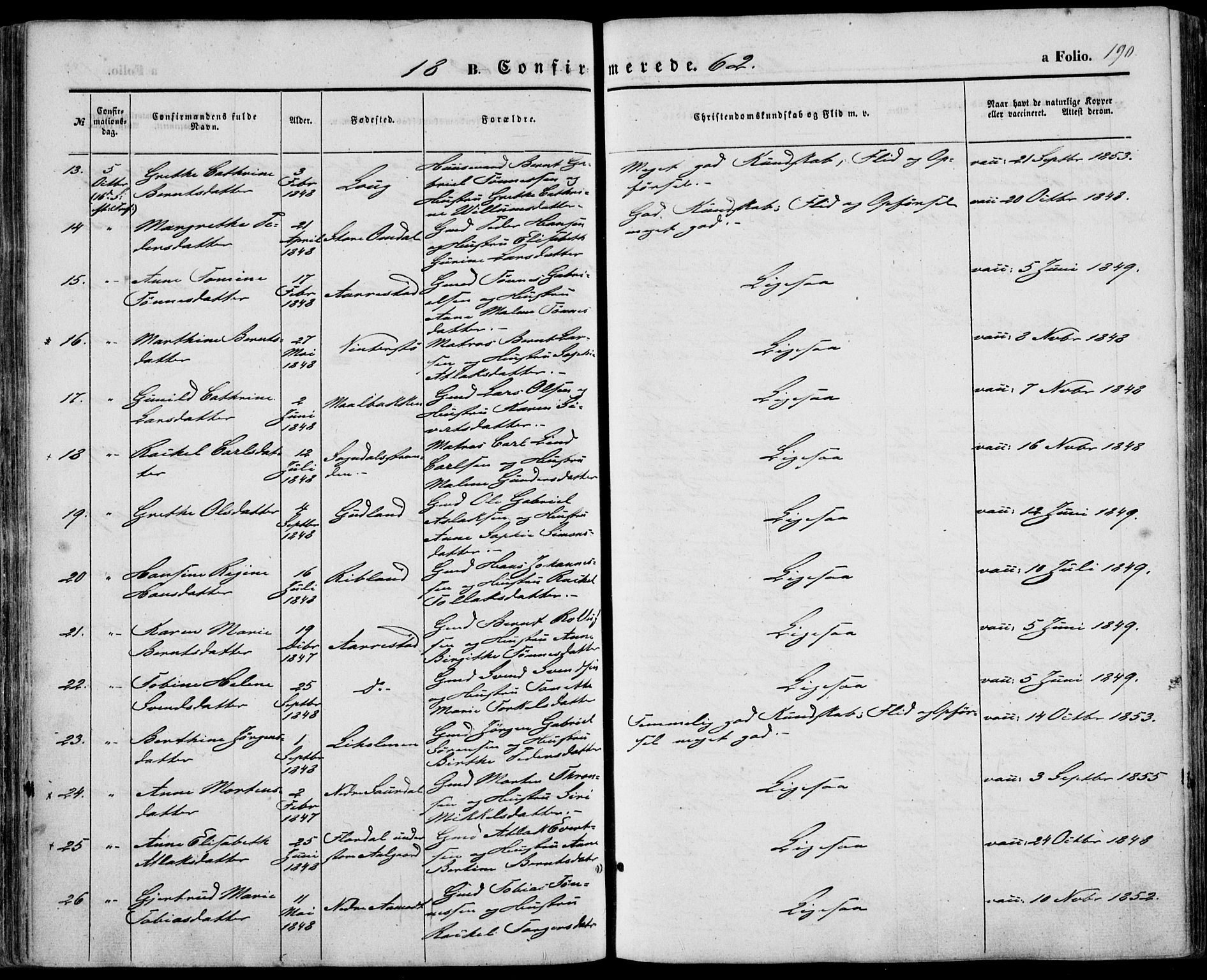 Sokndal sokneprestkontor, AV/SAST-A-101808: Parish register (official) no. A 9, 1857-1874, p. 190