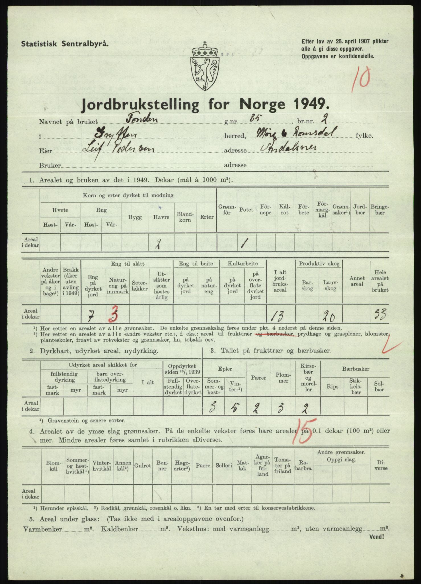 Statistisk sentralbyrå, Næringsøkonomiske emner, Jordbruk, skogbruk, jakt, fiske og fangst, AV/RA-S-2234/G/Gc/L0323: Møre og Romsdal: Grytten og Hen, 1949, p. 103