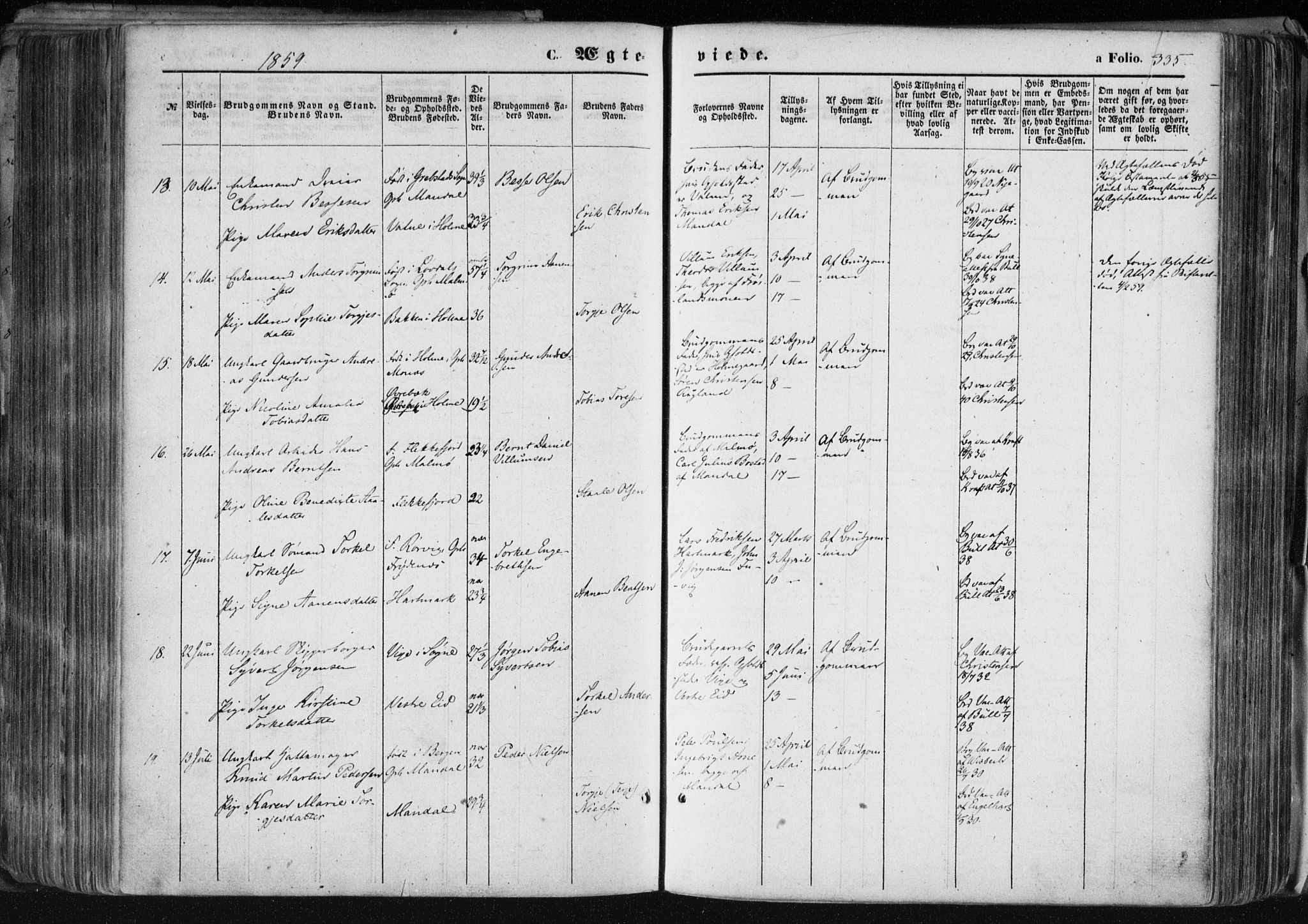 Mandal sokneprestkontor, AV/SAK-1111-0030/F/Fa/Faa/L0014: Parish register (official) no. A 14, 1859-1872, p. 335