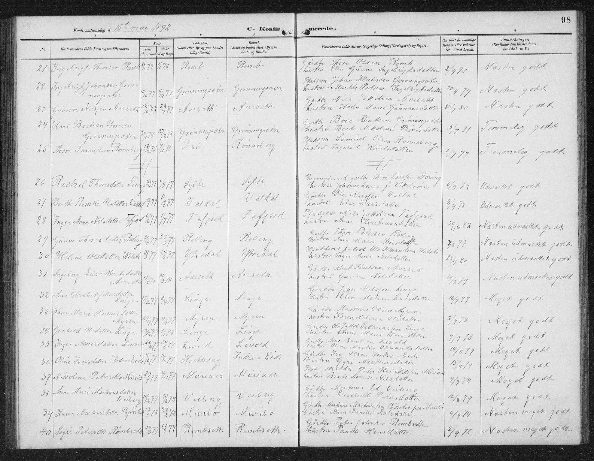 Ministerialprotokoller, klokkerbøker og fødselsregistre - Møre og Romsdal, AV/SAT-A-1454/519/L0264: Parish register (copy) no. 519C05, 1892-1910, p. 98