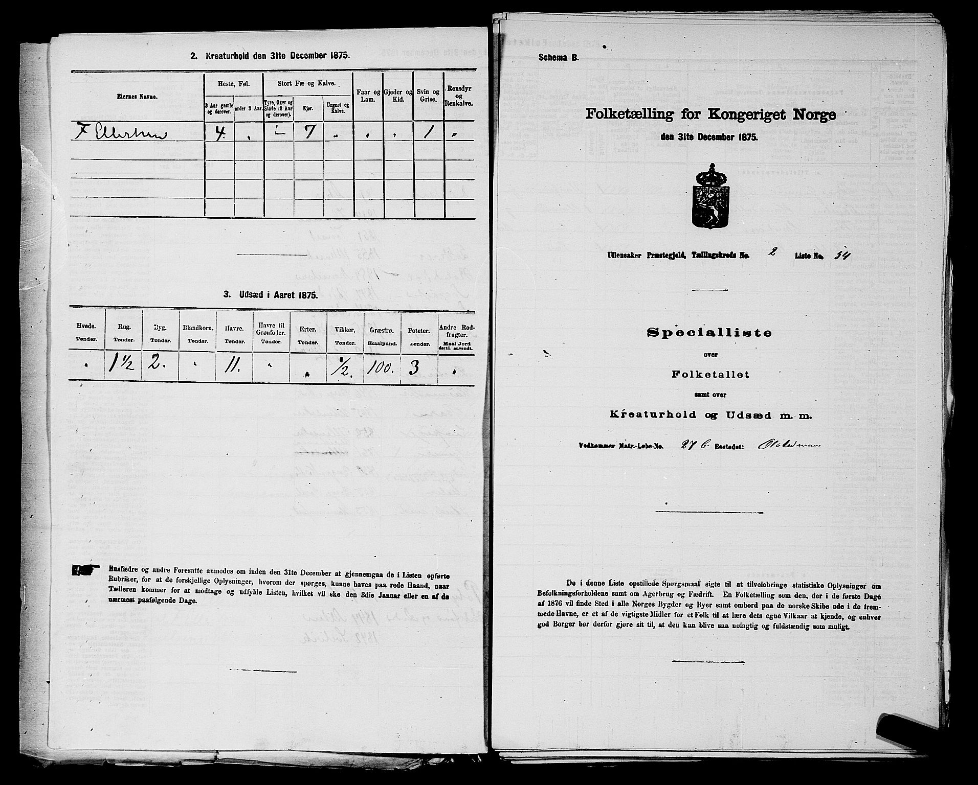 RA, 1875 census for 0235P Ullensaker, 1875, p. 164