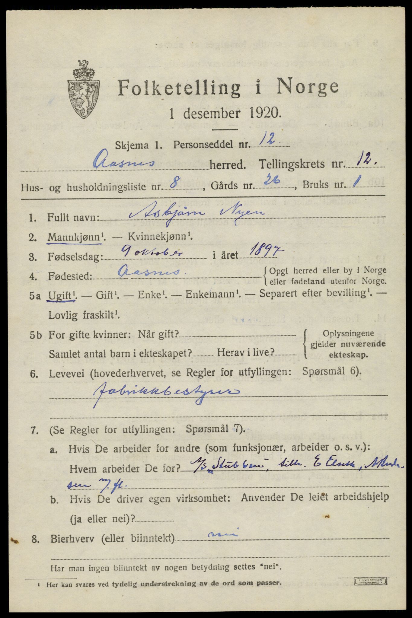 SAH, 1920 census for Åsnes, 1920, p. 12332