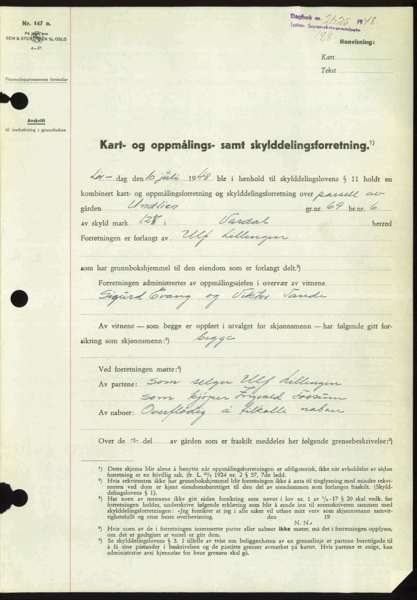 Toten tingrett, SAH/TING-006/H/Hb/Hbc/L0020: Mortgage book no. Hbc-20, 1948-1948, Diary no: : 2625/1948