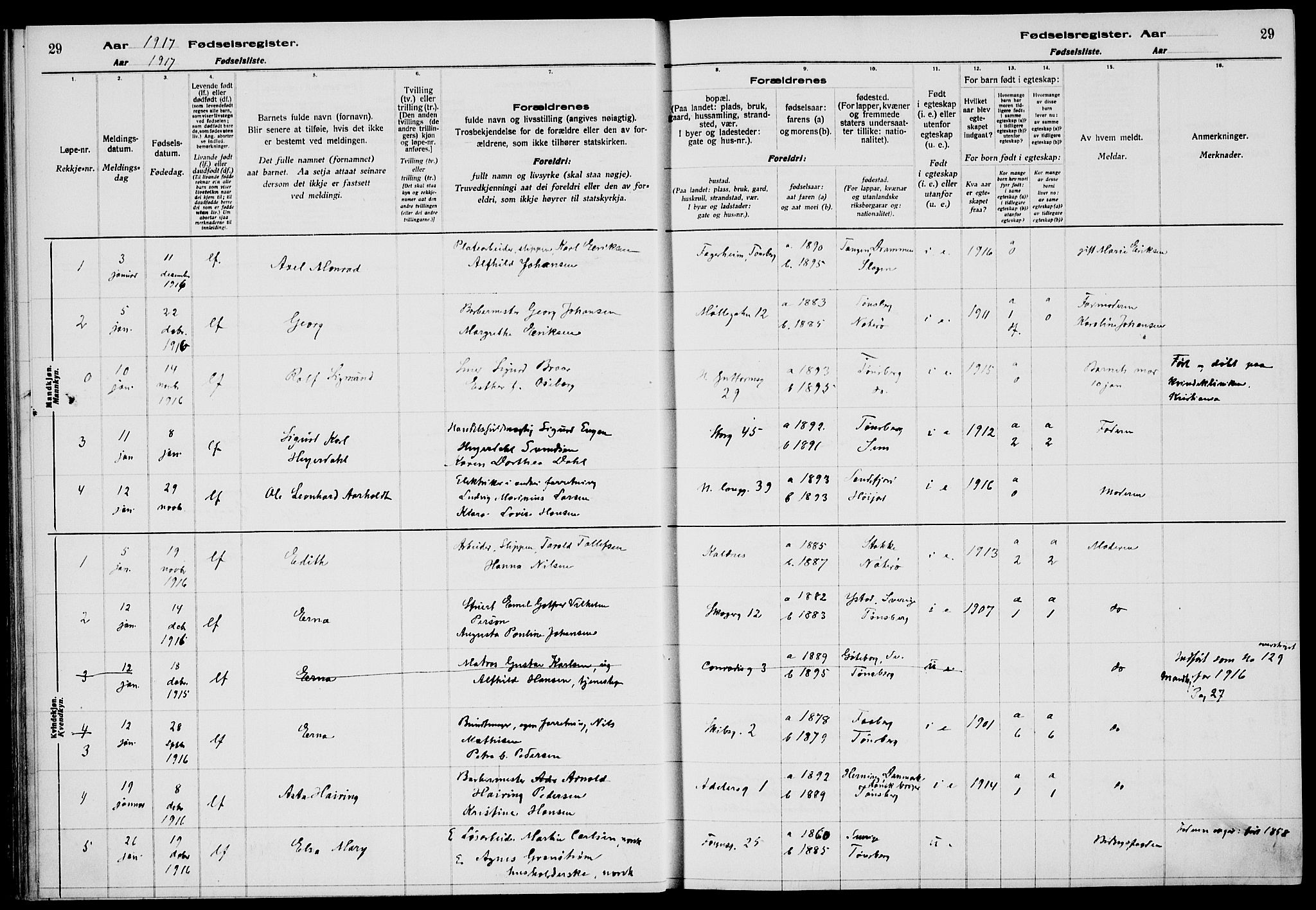 Tønsberg kirkebøker, AV/SAKO-A-330/J/Ja/L0001: Birth register no. 1, 1916-1922, p. 29