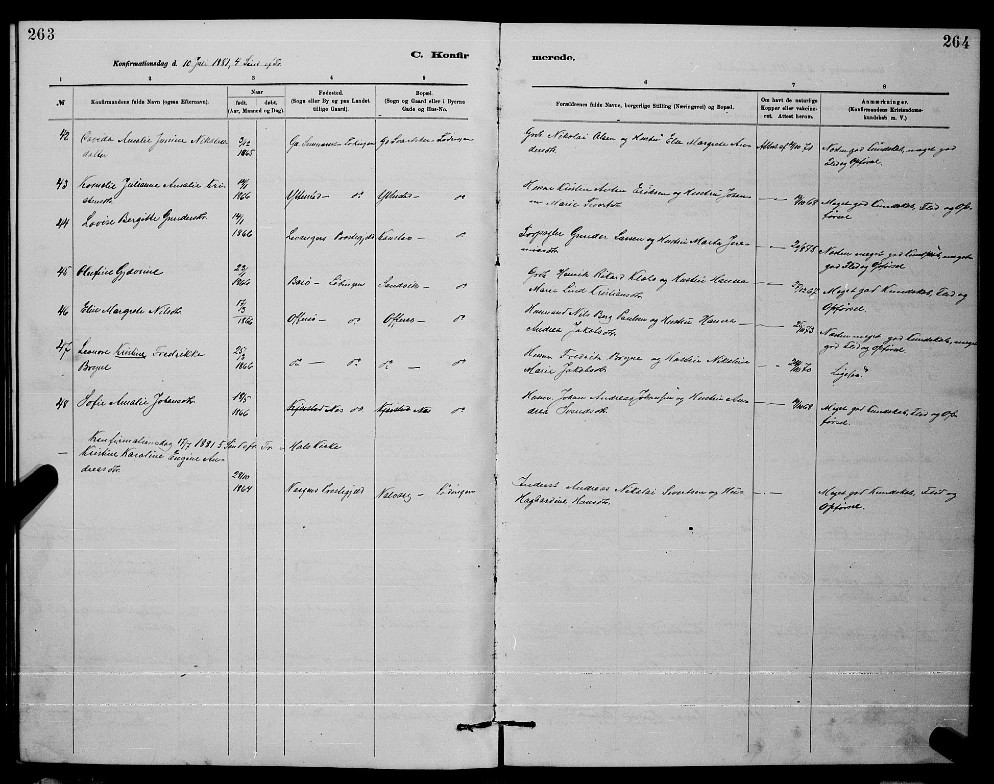 Ministerialprotokoller, klokkerbøker og fødselsregistre - Nordland, AV/SAT-A-1459/872/L1047: Parish register (copy) no. 872C03, 1880-1897, p. 263-264