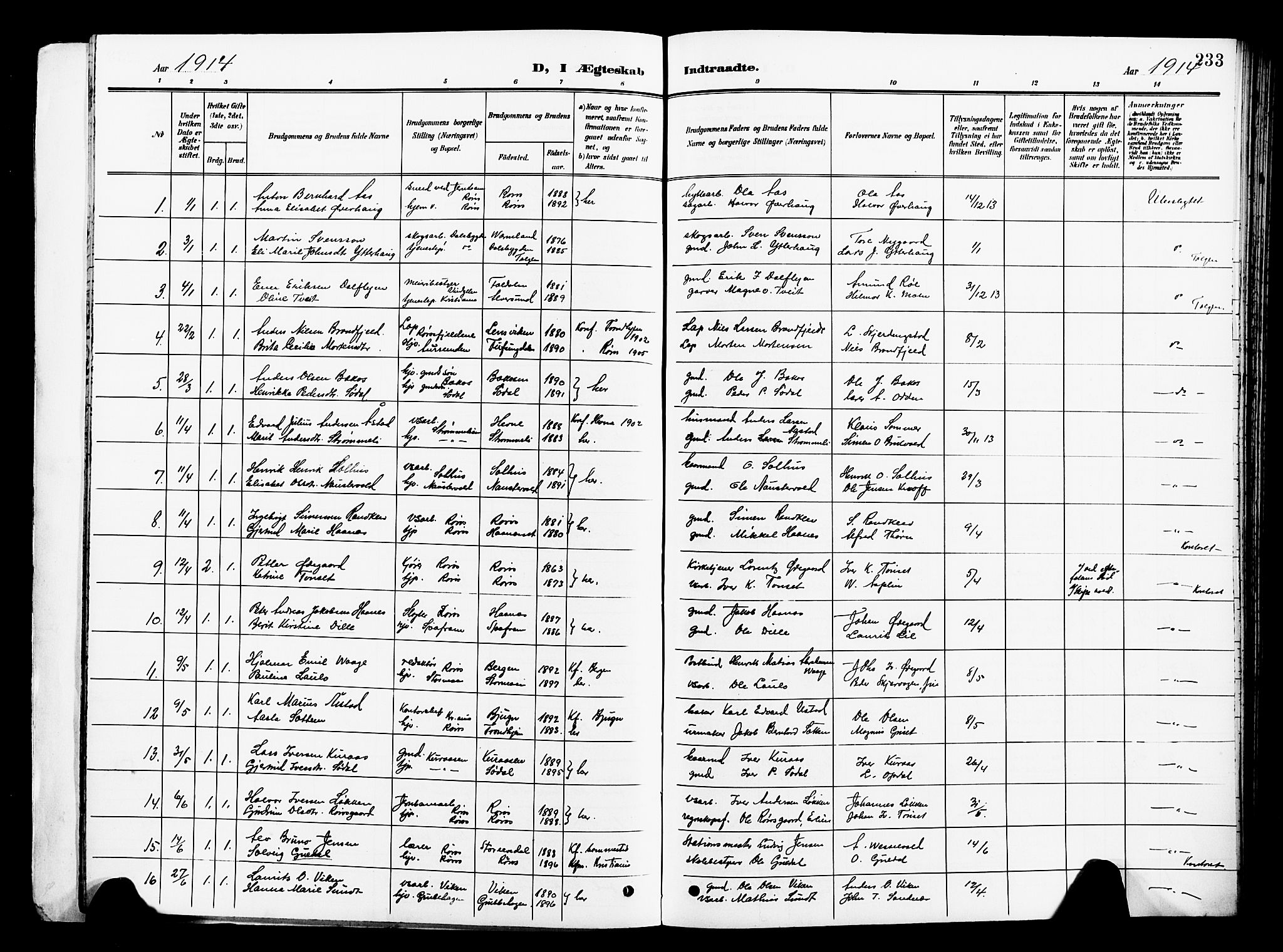 Ministerialprotokoller, klokkerbøker og fødselsregistre - Sør-Trøndelag, SAT/A-1456/681/L0942: Parish register (copy) no. 681C06, 1906-1925, p. 233