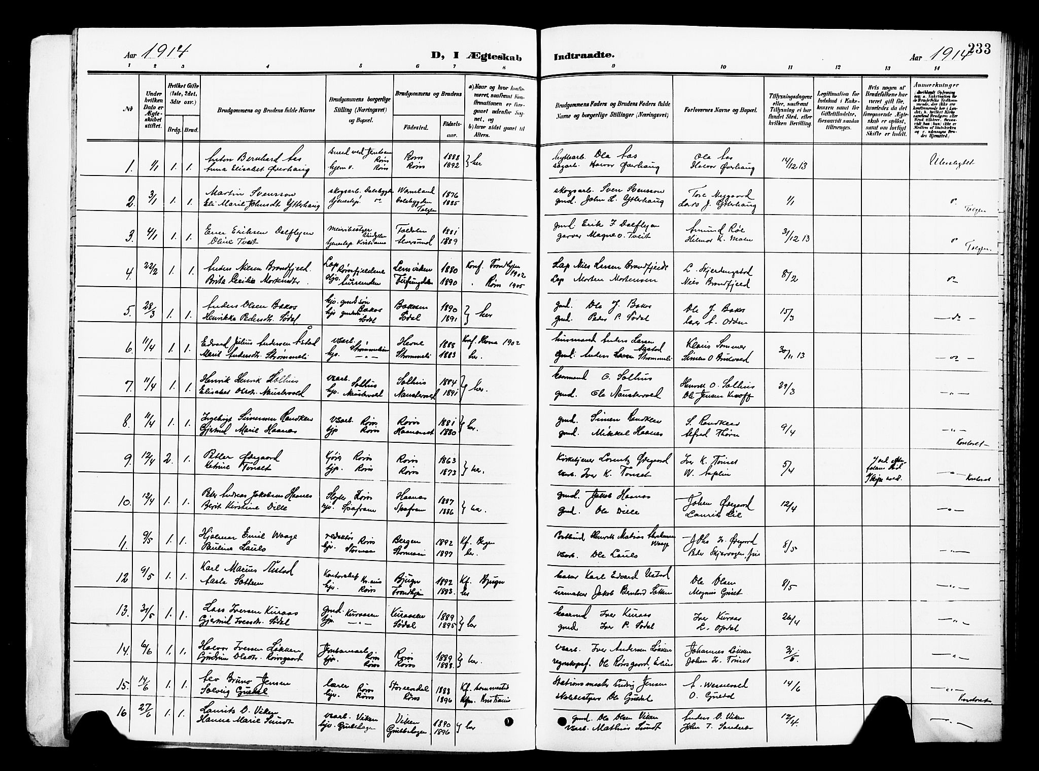 Ministerialprotokoller, klokkerbøker og fødselsregistre - Sør-Trøndelag, AV/SAT-A-1456/681/L0942: Parish register (copy) no. 681C06, 1906-1925, p. 233