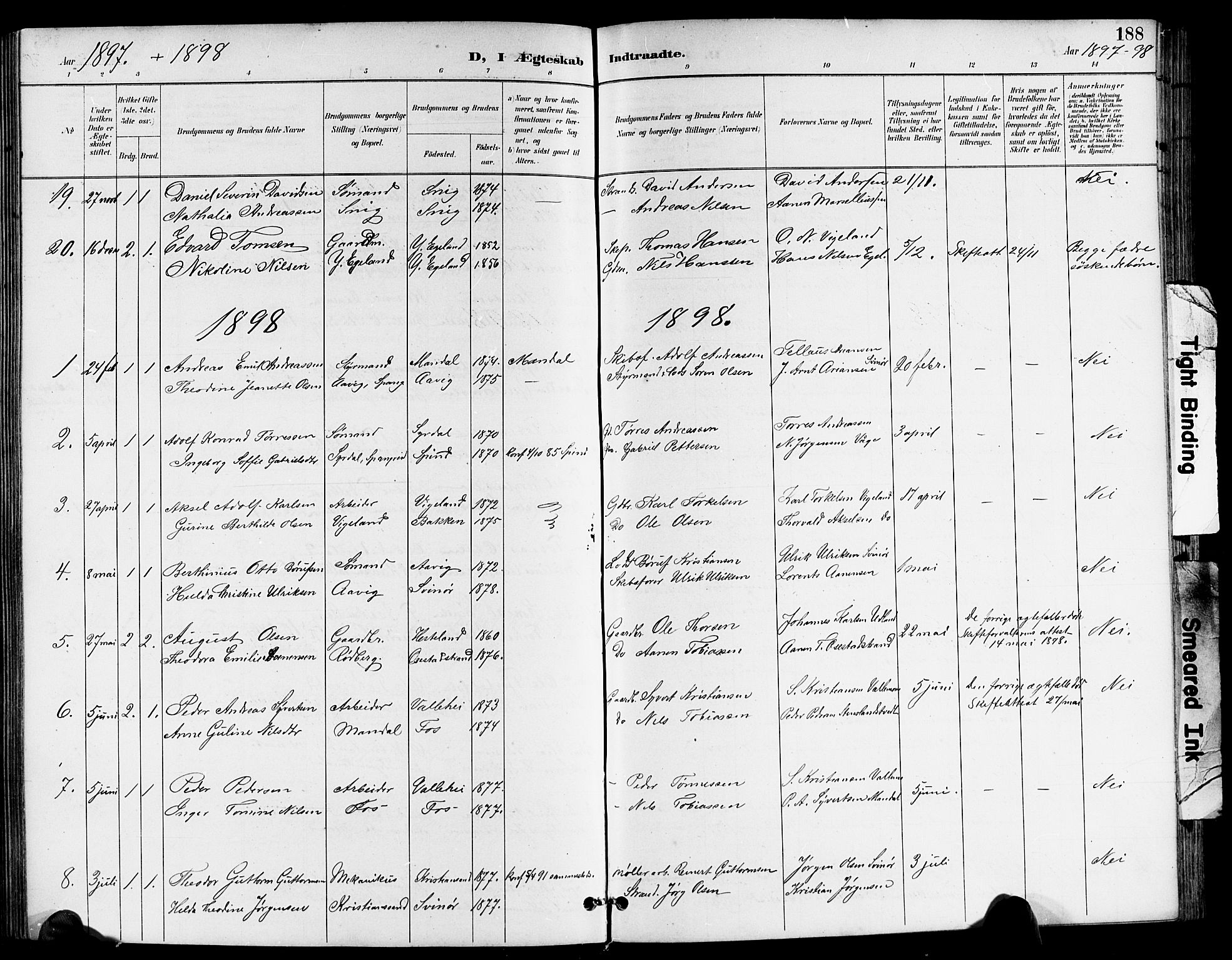 Sør-Audnedal sokneprestkontor, SAK/1111-0039/F/Fb/Fbb/L0006: Parish register (copy) no. B 6, 1893-1915, p. 188