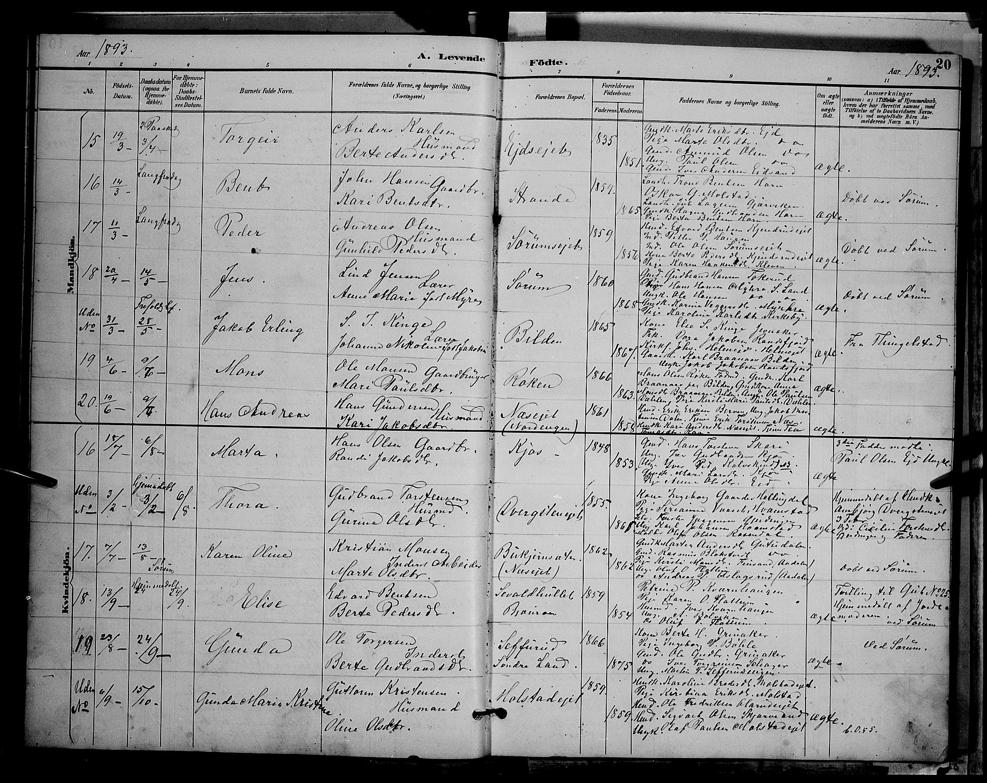 Gran prestekontor, AV/SAH-PREST-112/H/Ha/Hab/L0004: Parish register (copy) no. 4, 1890-1899, p. 20