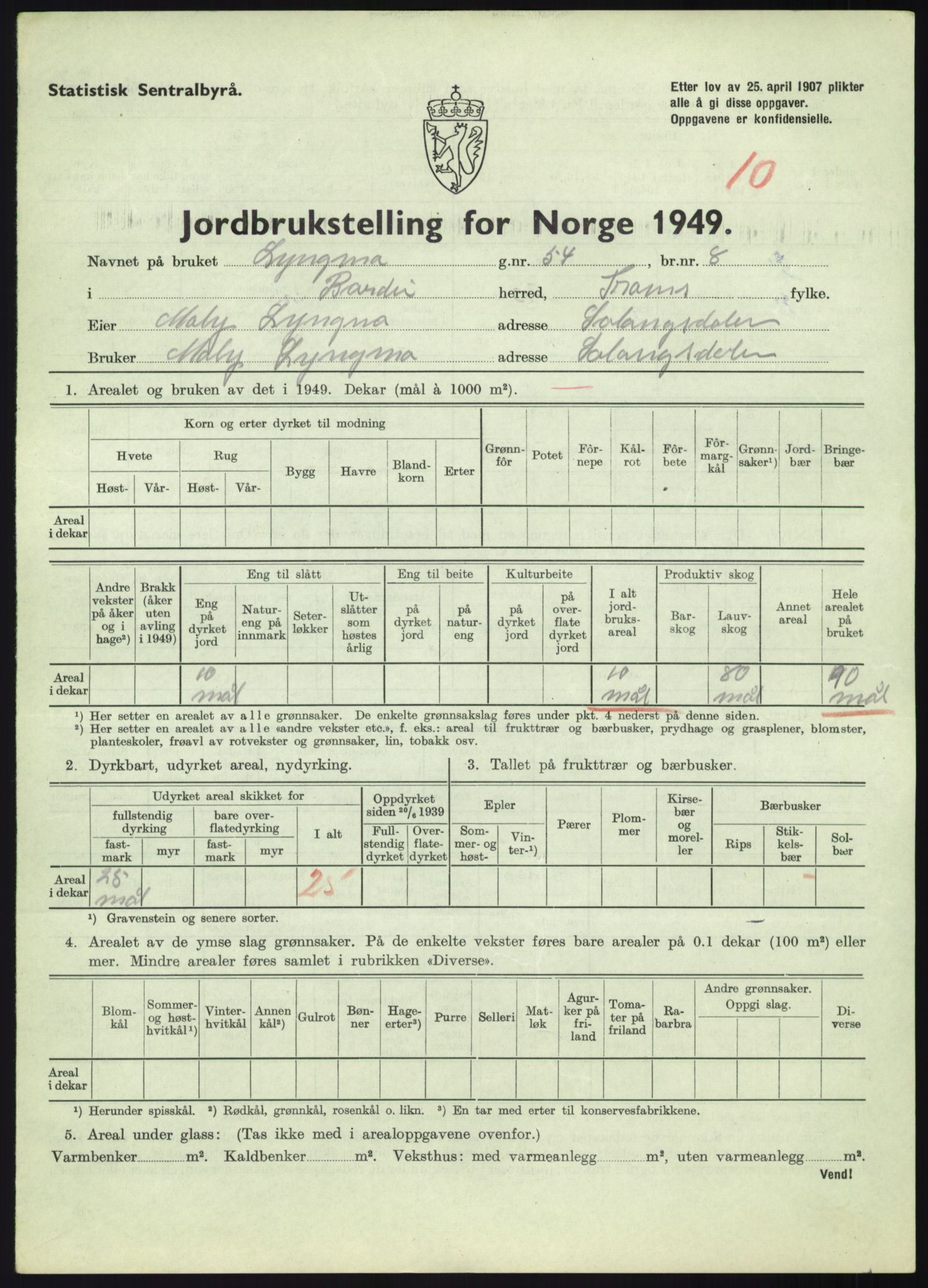 Statistisk sentralbyrå, Næringsøkonomiske emner, Jordbruk, skogbruk, jakt, fiske og fangst, AV/RA-S-2234/G/Gc/L0438: Troms: Salangen og Bardu, 1949, p. 963