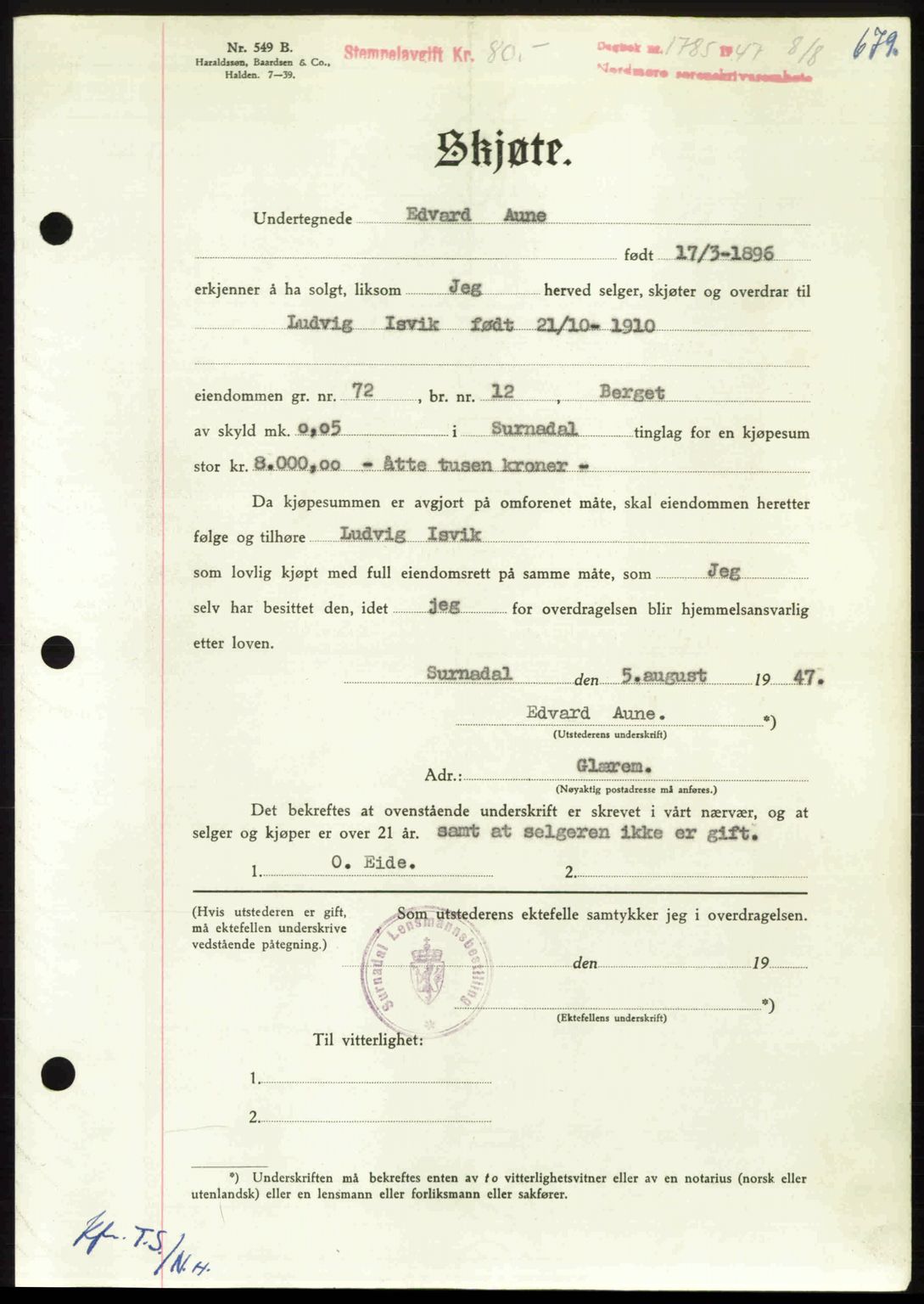 Nordmøre sorenskriveri, AV/SAT-A-4132/1/2/2Ca: Mortgage book no. A105, 1947-1947, Diary no: : 1785/1947