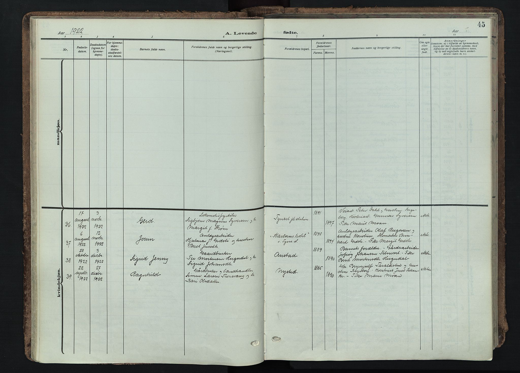 Tynset prestekontor, AV/SAH-PREST-058/H/Ha/Haa/L0026: Parish register (official) no. 26, 1915-1929, p. 45