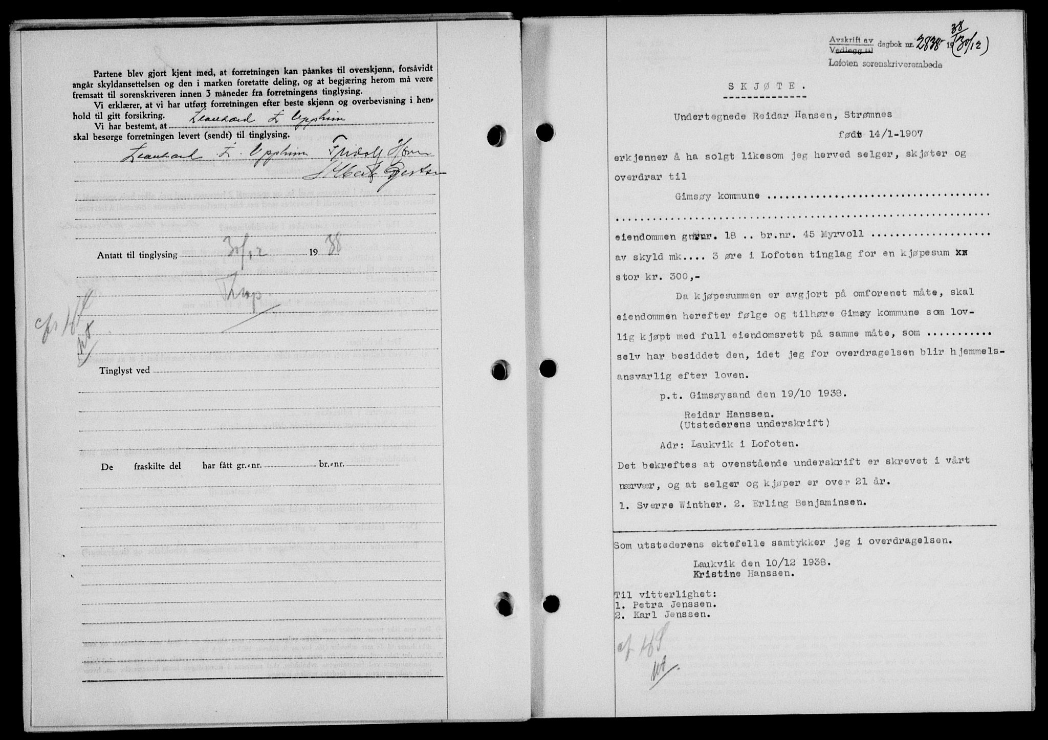 Lofoten sorenskriveri, SAT/A-0017/1/2/2C/L0005a: Mortgage book no. 5a, 1939-1939, Diary no: : 2838/1938