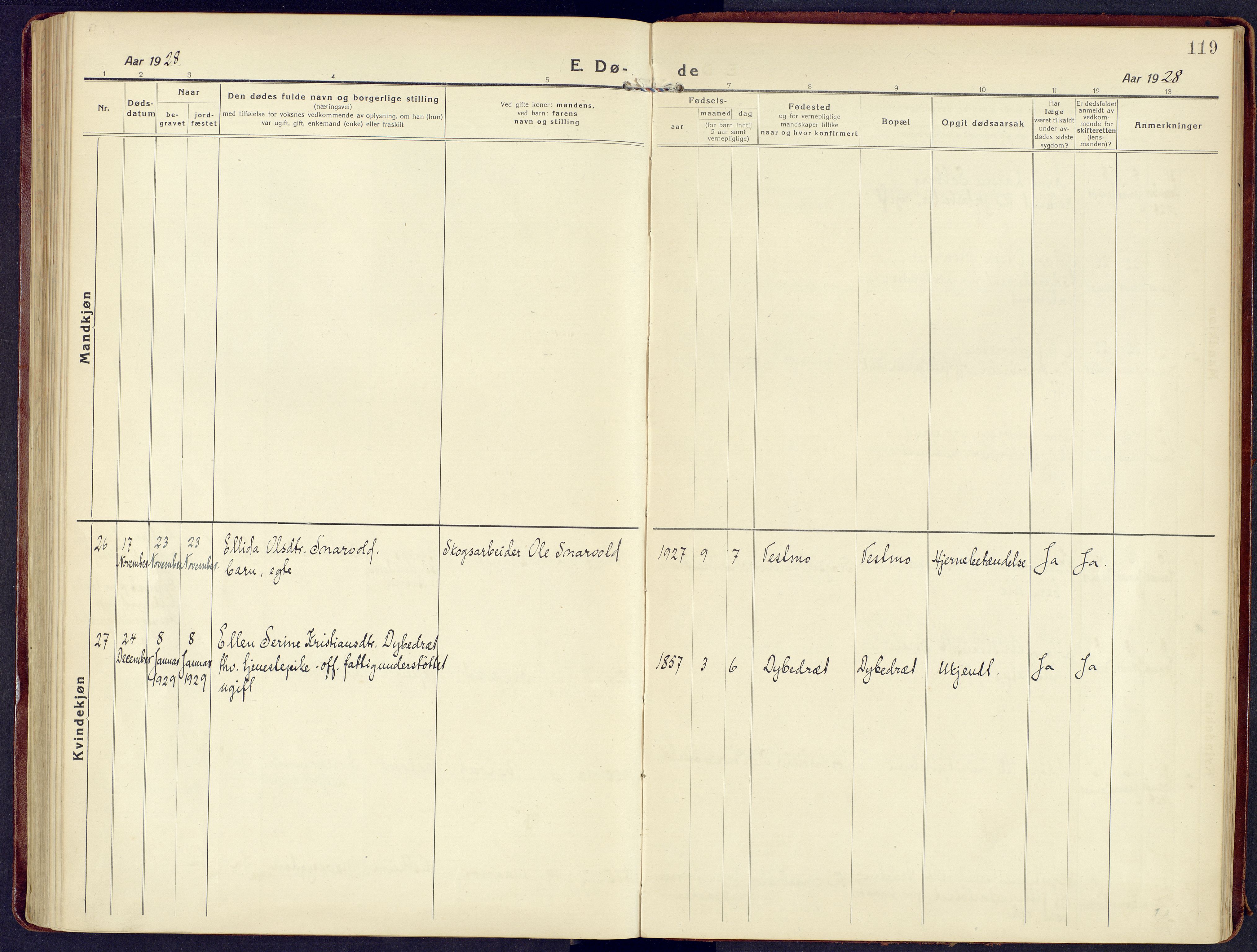 Våler prestekontor, Hedmark, AV/SAH-PREST-040/H/Ha/Haa/L0011: Parish register (official) no. 11, 1919-1933, p. 119