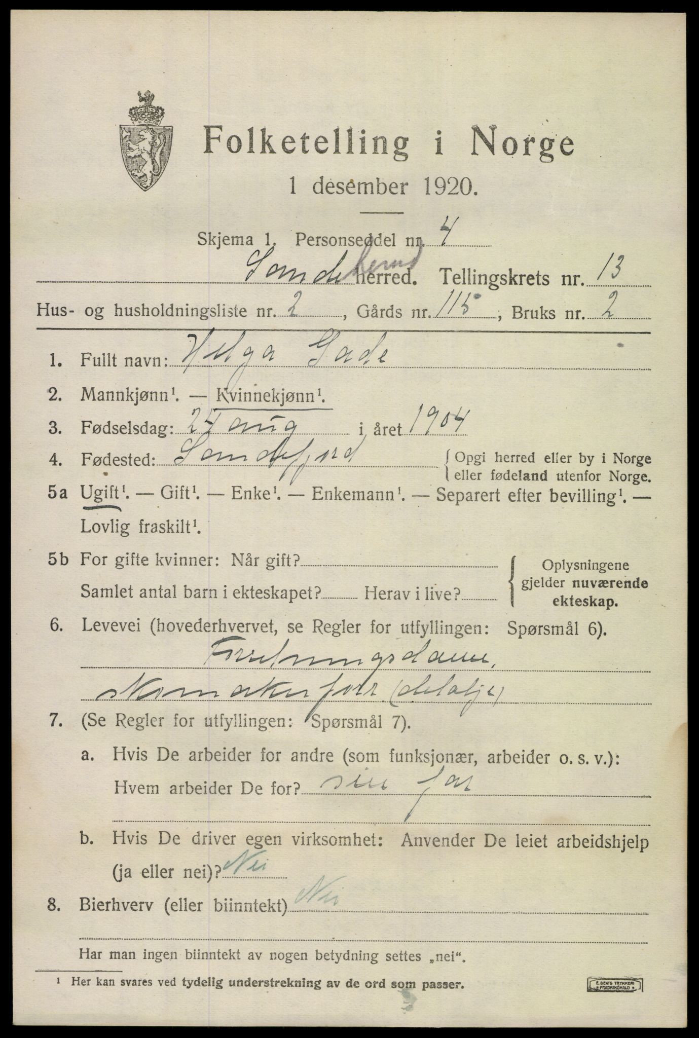 SAKO, 1920 census for Sandeherred, 1920, p. 19118