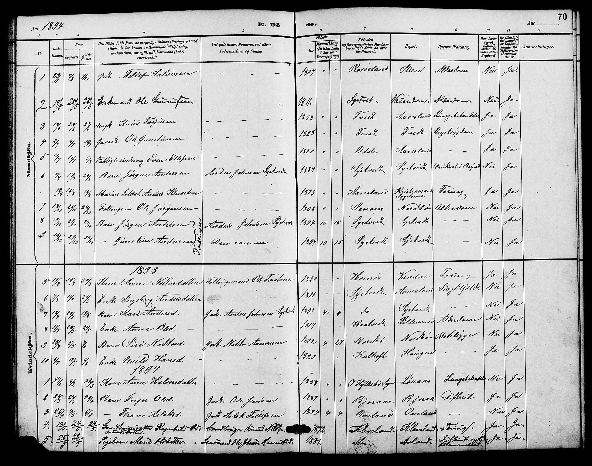 Evje sokneprestkontor, SAK/1111-0008/F/Fb/Fba/L0003: Parish register (copy) no. B 3, 1888-1903, p. 70