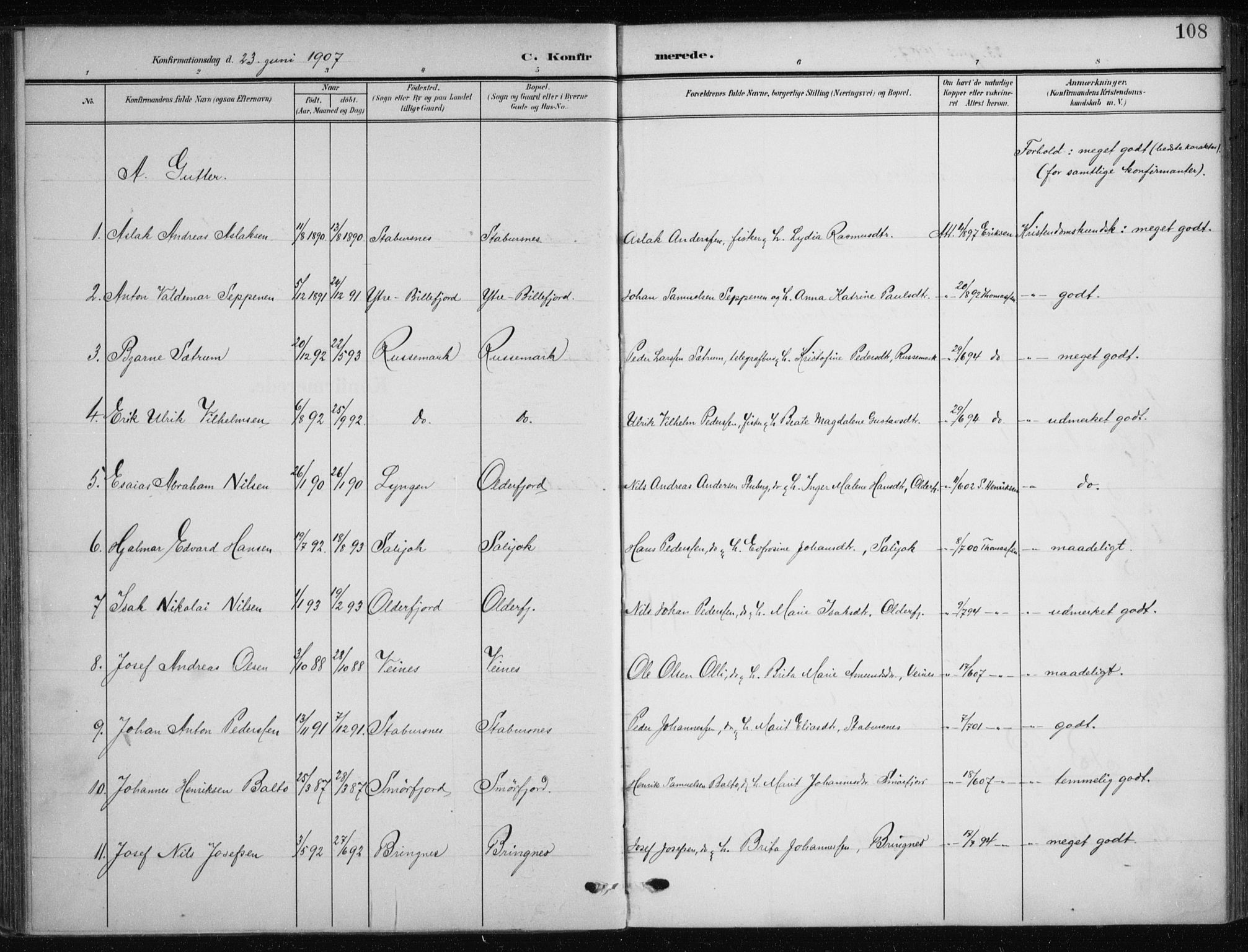 Kistrand/Porsanger sokneprestembete, SATØ/S-1351/H/Ha/L0014.kirke: Parish register (official) no. 14, 1908-1917, p. 108