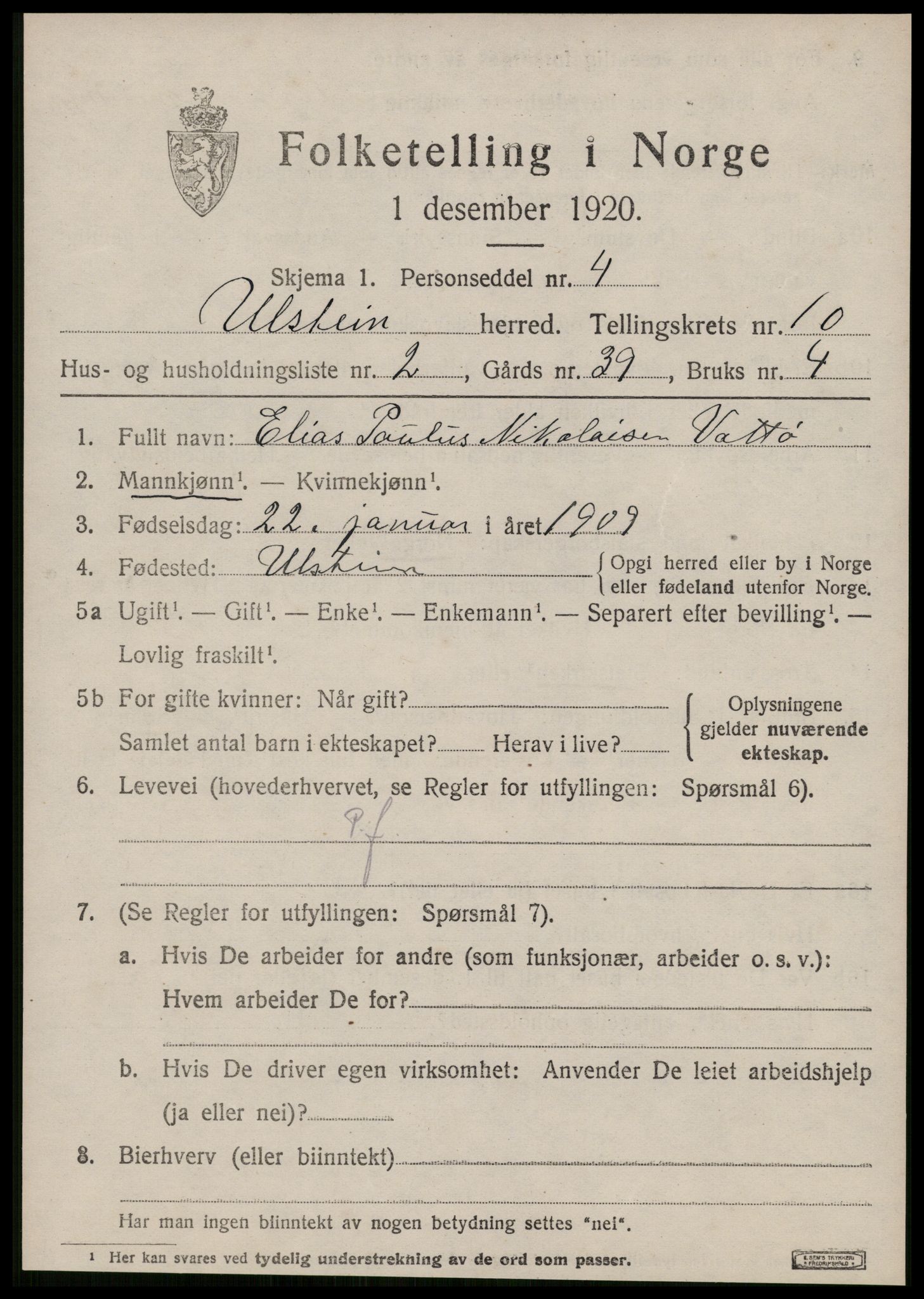 SAT, 1920 census for Ulstein, 1920, p. 5342