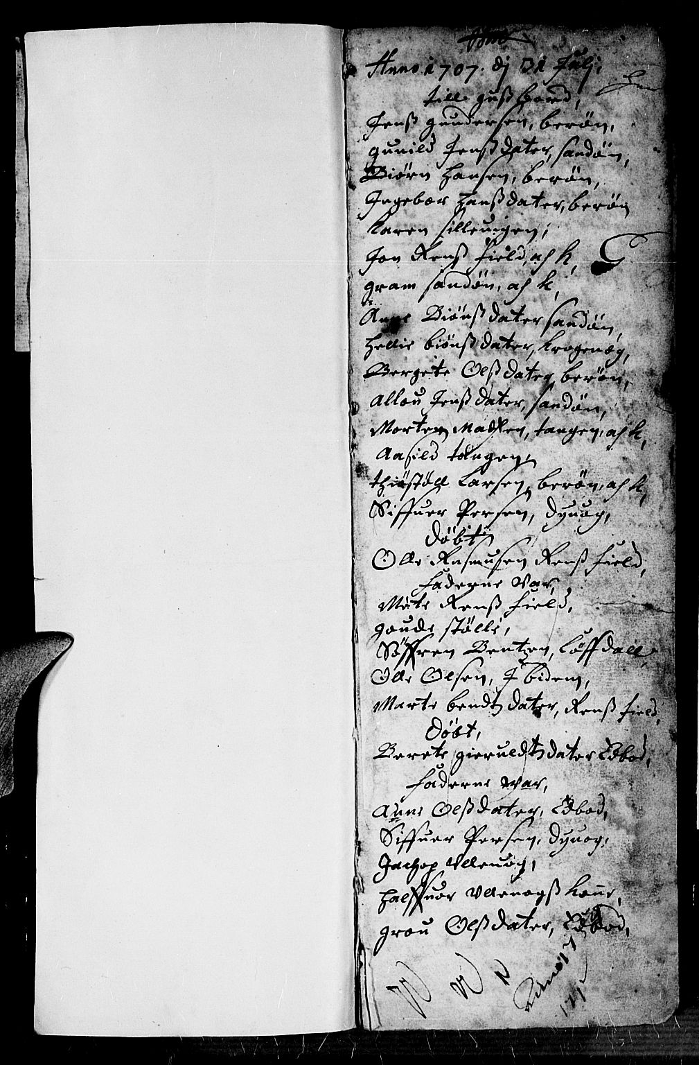 Dypvåg sokneprestkontor, SAK/1111-0007/F/Fb/Fba/L0002: Parish register (copy) no. B 2, 1707-1721, p. 1