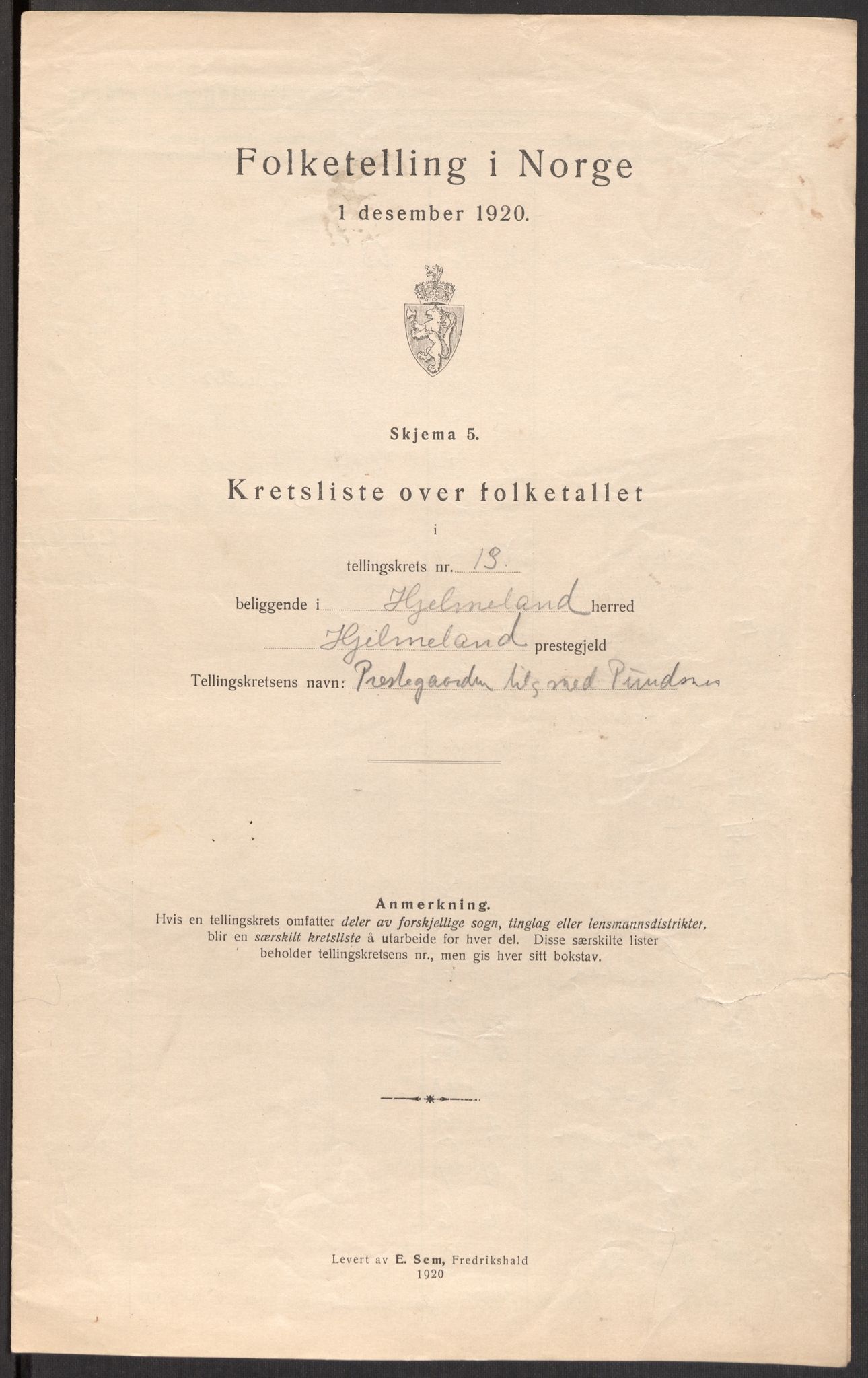 SAST, 1920 census for Hjelmeland, 1920, p. 53