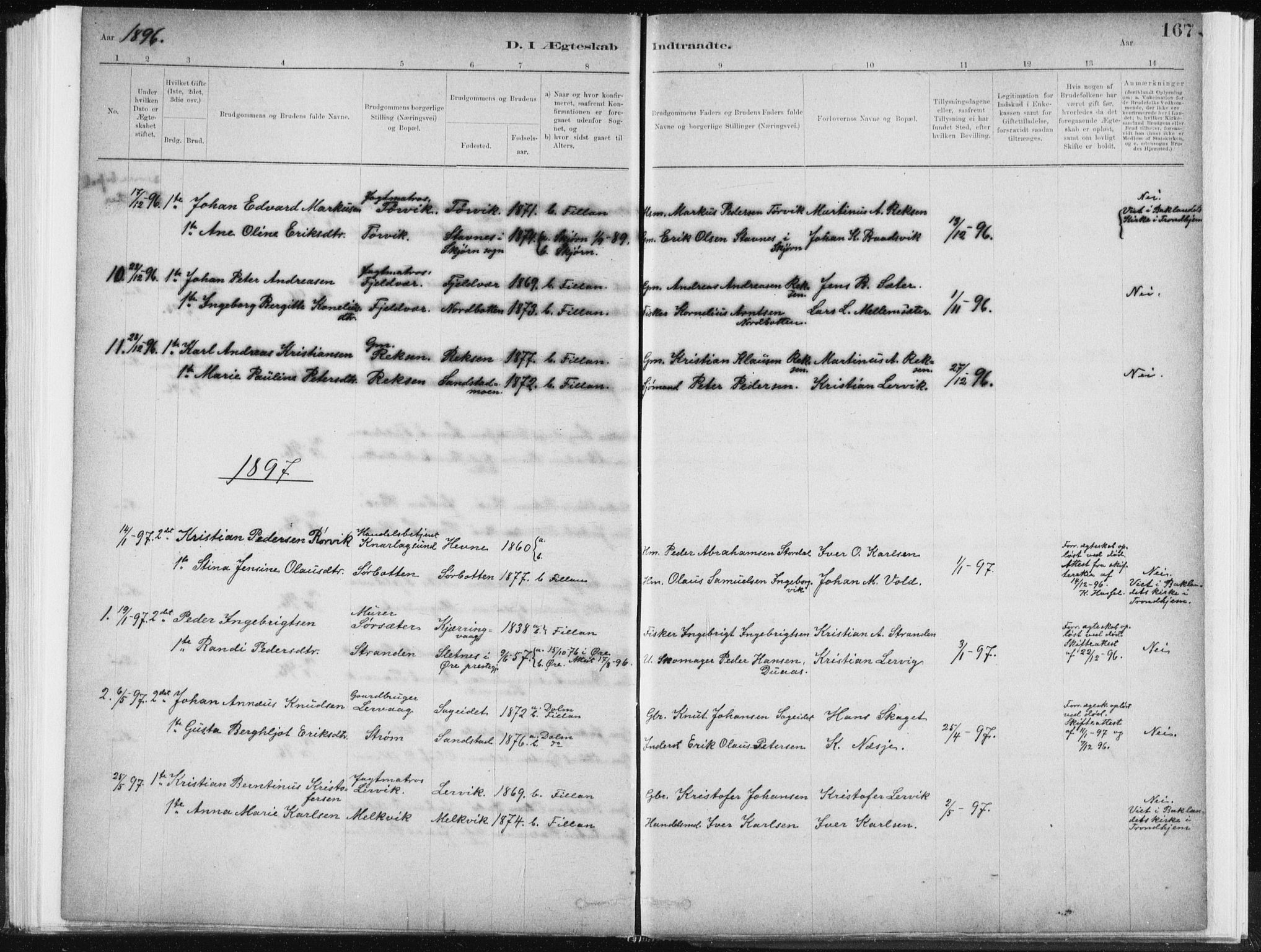 Ministerialprotokoller, klokkerbøker og fødselsregistre - Sør-Trøndelag, SAT/A-1456/637/L0558: Parish register (official) no. 637A01, 1882-1899, p. 167