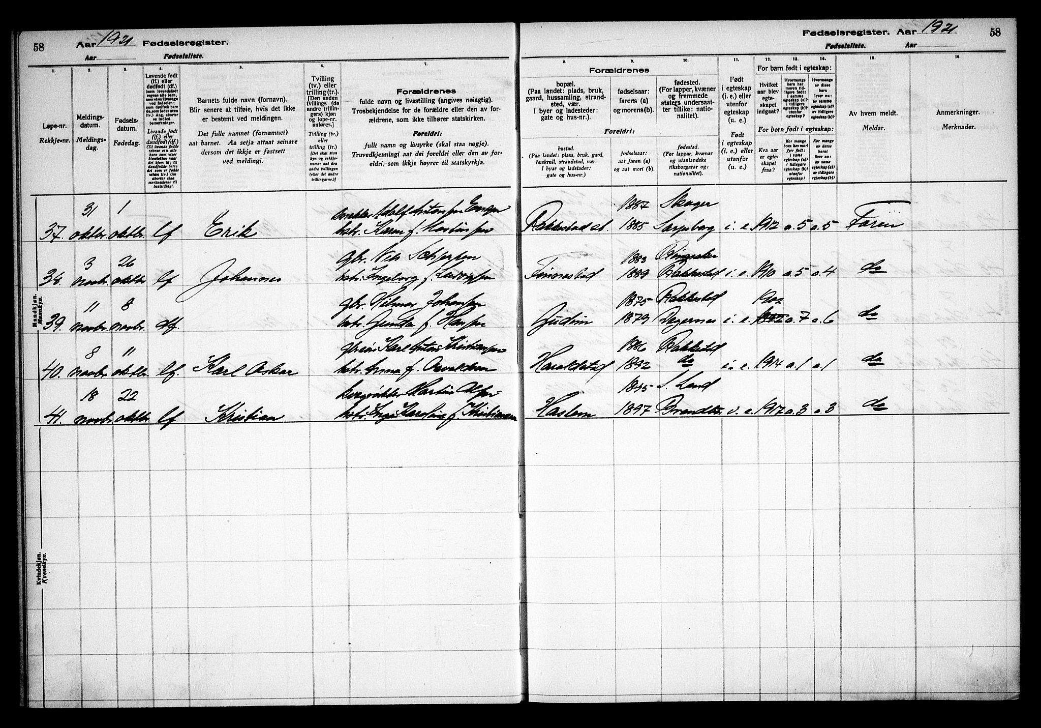 Rakkestad prestekontor Kirkebøker, AV/SAO-A-2008/J/Ja/L0001: Birth register no. I 1, 1916-1936, p. 58