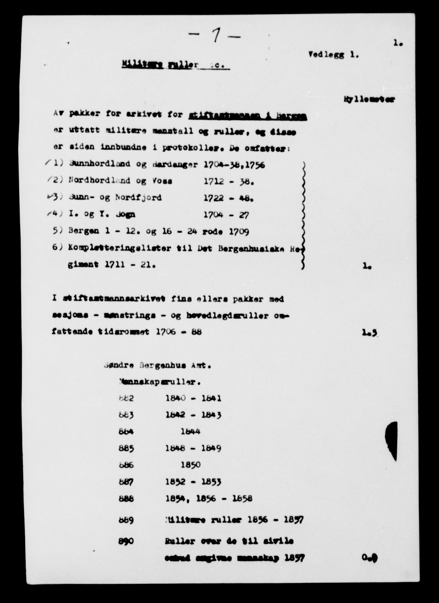 Stiftamtmannen i Bergen, AV/SAB-A-100006/F/Fc/L0008: Lnr. 1891 - Militære manntall og ruller, 1704-1716