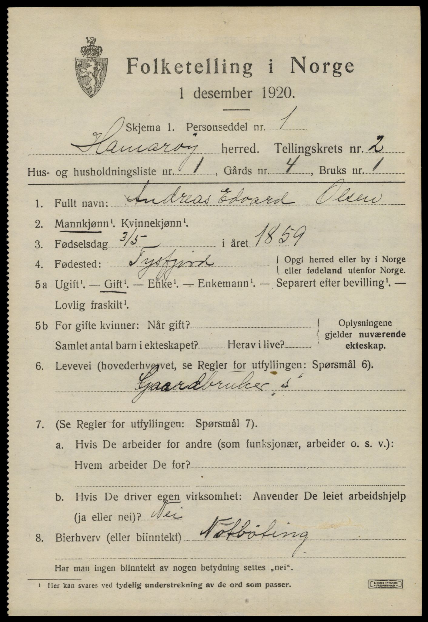 SAT, 1920 census for Hamarøy, 1920, p. 1428