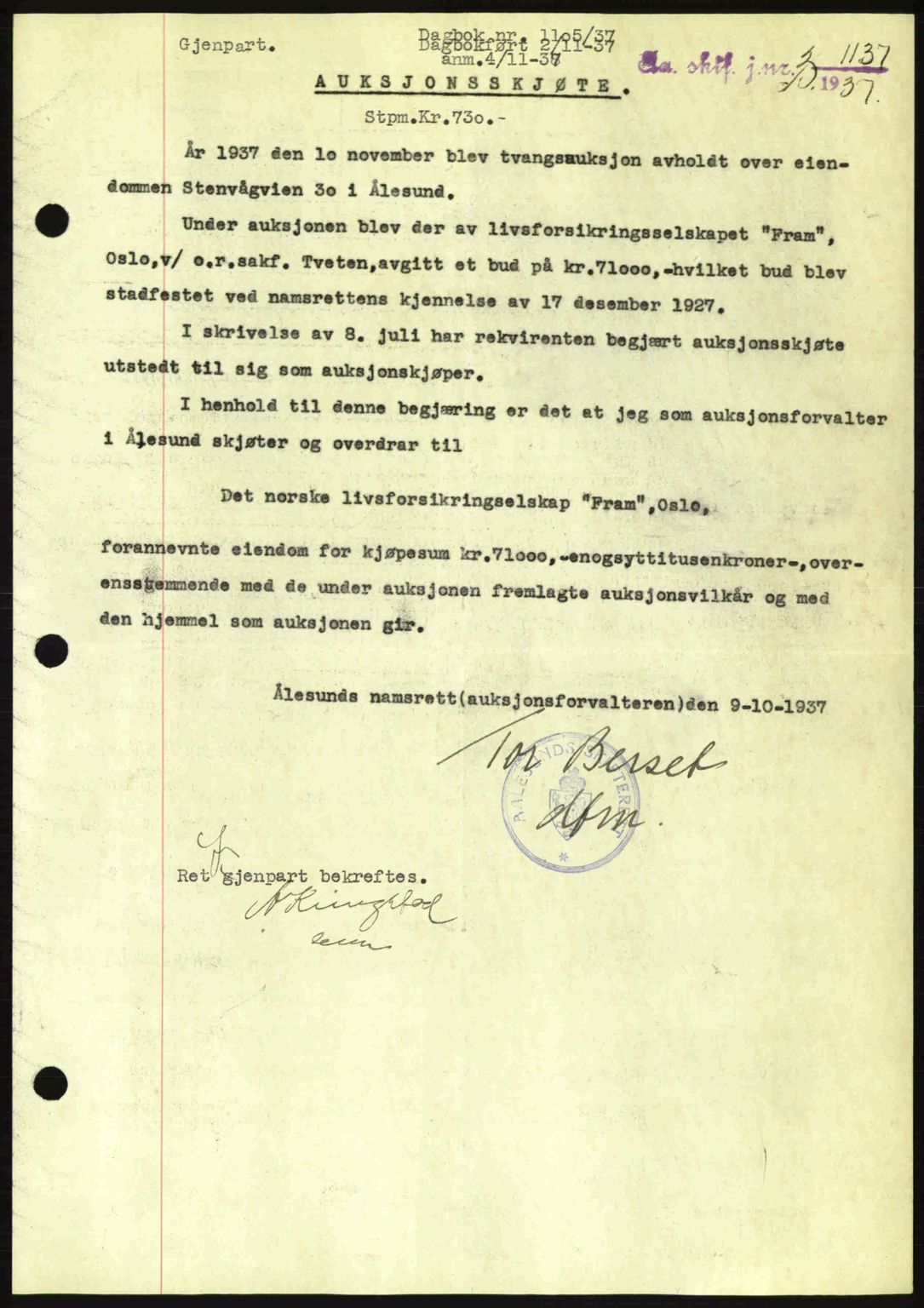 Ålesund byfogd, AV/SAT-A-4384: Mortgage book no. 34 I, 1936-1938, Diary no: : 1105/1937