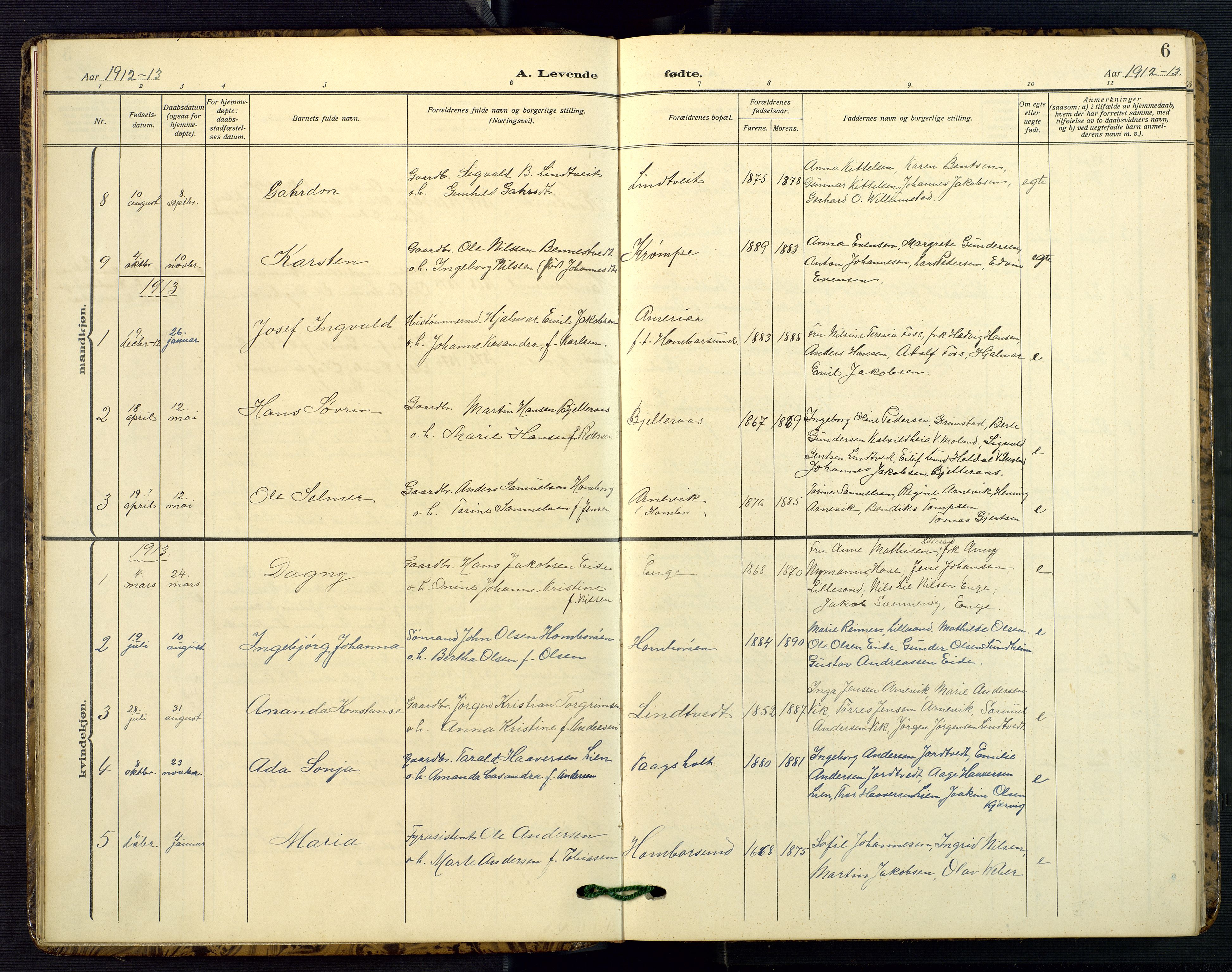 Hommedal sokneprestkontor, SAK/1111-0023/F/Fb/Fba/L0005: Parish register (copy) no. B 5, 1909-1957, p. 6