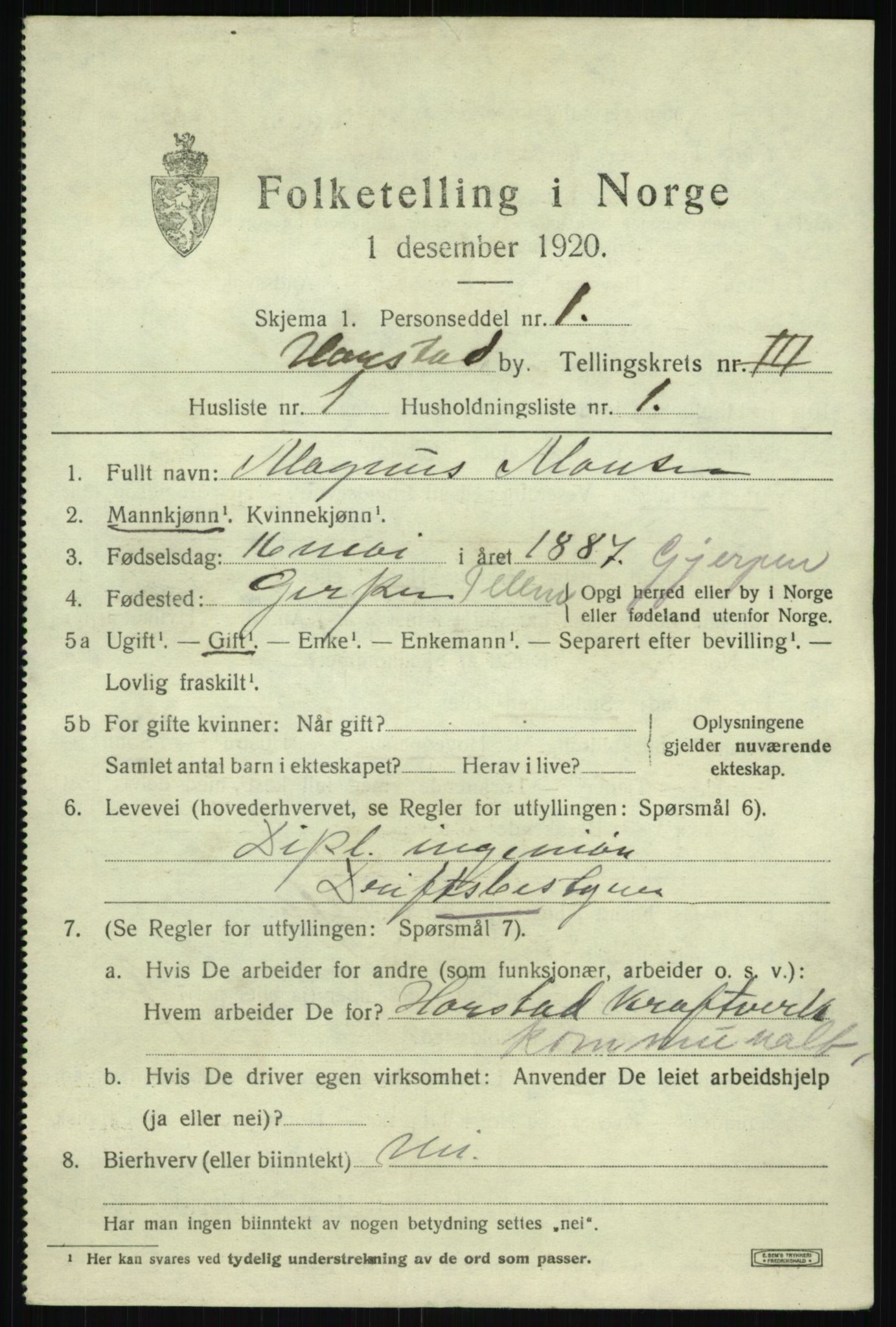 SATØ, 1920 census for Harstad, 1920, p. 4190